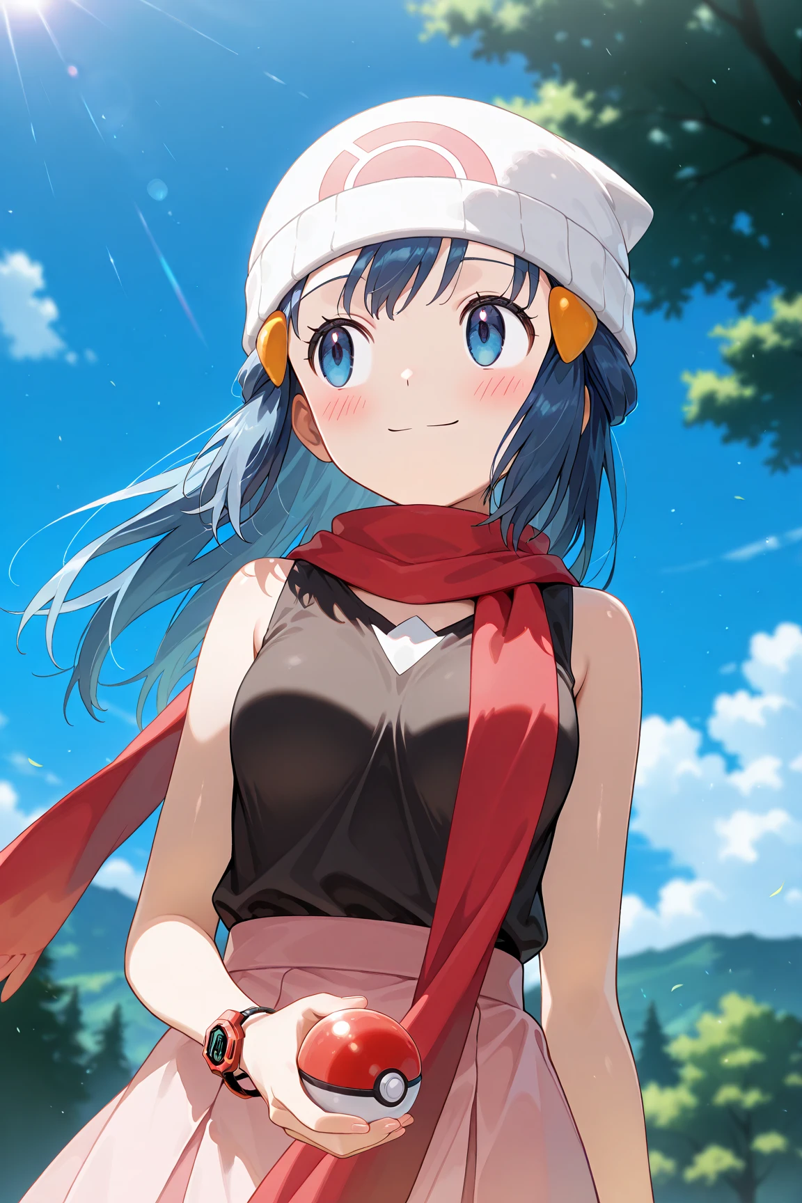 score_9, score_8_up, score_7_up, score_6_up, score_5_up, score_4_up, source_anime, aadawn, long hair, blue hair, beanie, white headwear, hair ornament, blue eyes, breasts, red scarf, sleeveless shirt, black shirt, wristwatch, bracelet, pink skirt, standing, outdoors, filed, flower, tree, holding poke ball, smile,

(realistic skin0.8),
Shiny, skin,

(blush:1.4), smile,
cinematic, dramatic, (blurry background:1.3), depth of field, 
1girl, solo, joyful, smile, dynamic pose, dynamic angle, from below, 
outdoors, nature,
(portrait:1.3),
sunny,
blue sky,
cloud,
sunlight,
wind,
looking away,