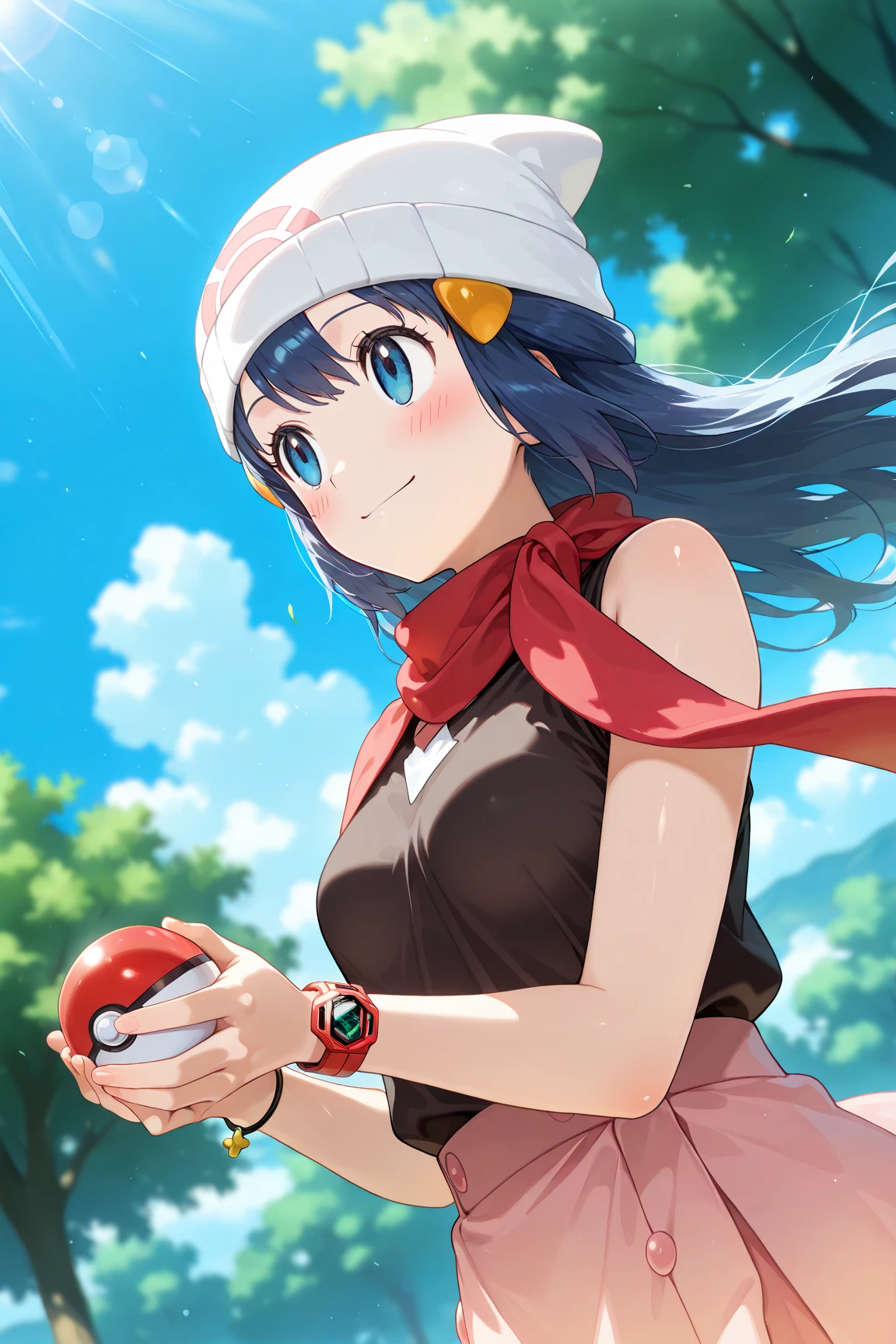 score_9, score_8_up, score_7_up, score_6_up, score_5_up, score_4_up, source_anime, aadawn, long hair, blue hair, beanie, white headwear, hair ornament, blue eyes, breasts, red scarf, sleeveless shirt, black shirt, wristwatch, bracelet, pink skirt, standing, outdoors, filed, flower, tree, holding poke ball, smile,

(realistic skin0.8),
Shiny, skin,

(blush:1.4), smile,
cinematic, dramatic, (blurry background:1.3), depth of field, 
1girl, solo, joyful, smile, dynamic pose, dynamic angle, from below, 
outdoors, nature,
(portrait:1.3),
sunny,
blue sky,
cloud,
sunlight,
wind,
looking away,