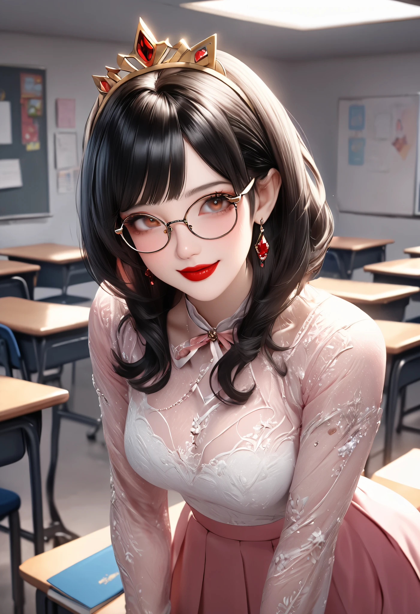 8k,masterpiece, CGSTATION, hyper CGI style, arte extremadamente detallado de artgerm, photorealistic chica anime render, 8k anime drawing style, best quality, 3D rendering, INTRICATE, Cute Girl, hyper detailed, medium bust, 27 years old, a woman, sensual smile, red lips, super detailed skin, super beautiful eyes, Princess Snow White, snowwhiite, is standing in front of the viewer, brown eyes,front,perfect nose, she is a teacher, setting: classroom, Around her there are accessories that a teacher uses, she wears glasses, She is wearing a short pink blazer, she is wearing a white A-line skirt, black footwear pump, book under the arm, She is an teacher giving classes, She wears a large bright red bow that adorns her short black hair,she wears a golden tiara with 3 rubies in the center,