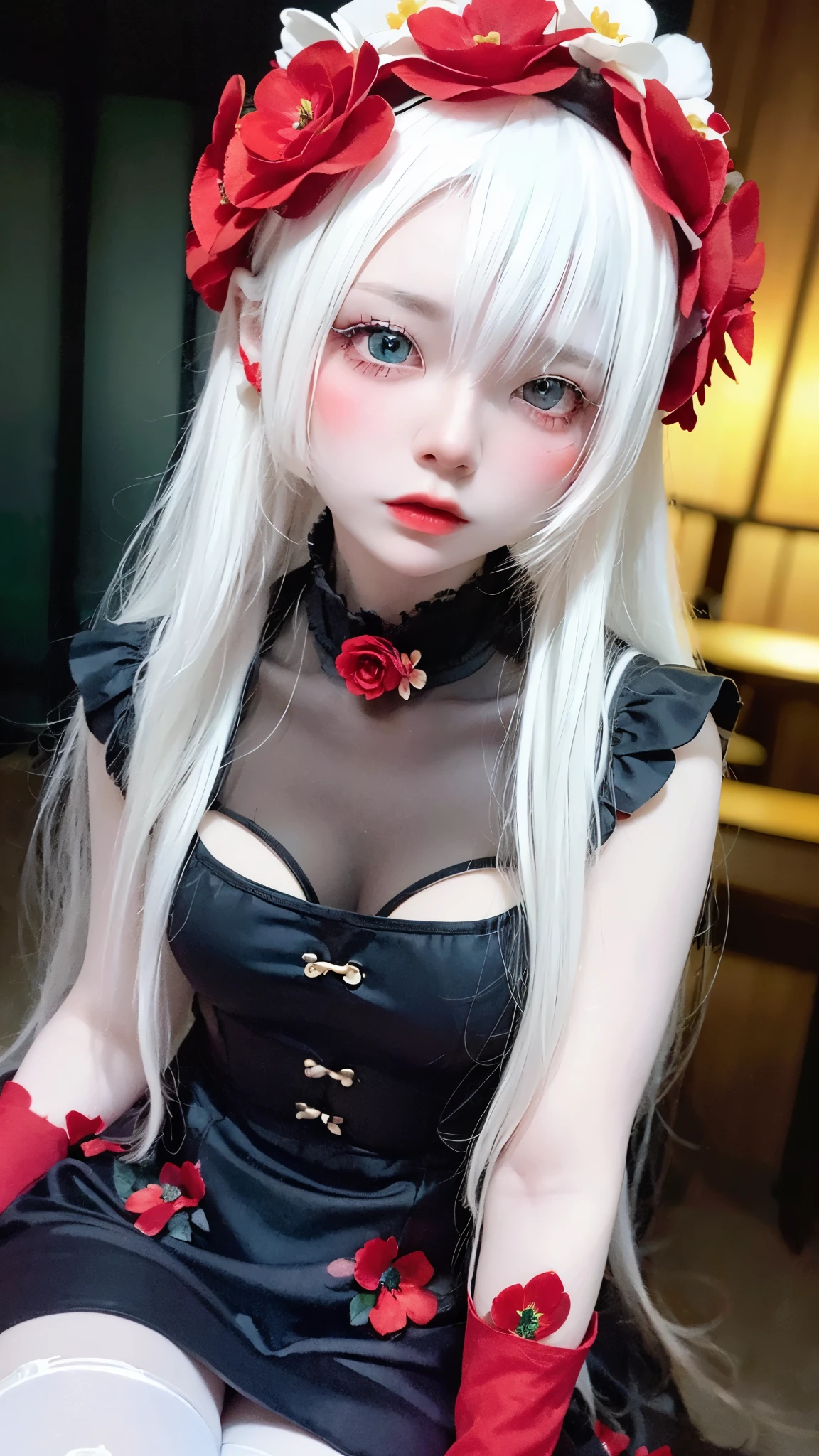 (( surreal illustration with a slightly red flower head:1.3)),(Black clothes), one woman、Alone、 cute 18 year old、 (albino:1.4)、Slavic Women 、 , long white hair , with rings , ((The flower head is slightly red :1.4)). innocent expression . kind.(), No facial expression、( playful :1.2). mascara, Glass, Red lipstick, dress, ( black pantyhose ), pumps. Masterpiece, ( very detailed:1.2),( detailed faces and eyes :1.2), 8k wallpaper, Moody Lighting. Core Shadow, high contrast , Bokeh.