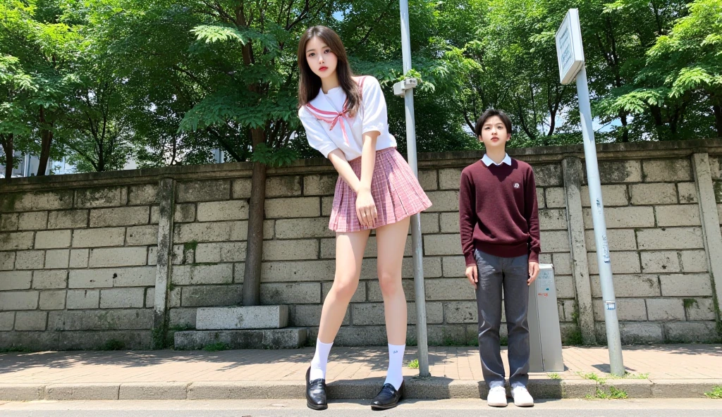 A sunny outdoor urban scene featuring a massive, towering schoolgirl standing on a sidewalk next to a much smaller man. The giantess has a youthful and elegant appearance, with long brown hair cascading down her shoulders. She is dressed in a crisp white school uniform shirt adorned with a pink ribbon, paired with a pink and white plaid pleated skirt. Her proportions are strikingly exaggerated, with her height being at least five times that of the man, making her loom over him with an almost ethereal presence. She wears black loafers with white socks that reach just below her knees, completing her schoolgirl look.

The much smaller man, standing close to the giantess, is dressed in a burgundy sweater over a white shirt, with dark gray pants. He looks up at her with a curious or admiring gaze, emphasizing the stark height difference between the two. His posture is relaxed, standing confidently despite the overwhelming size of the woman before him.

The background features a stone wall with visible weathering and moss near its base, contrasting with the lush green foliage of trees rising above it. A bus stop sign is positioned near the giantess, further enhancing the sense of scale as the sign barely reaches her knees. The lighting is bright and natural, casting soft shadows and highlighting the details of the characters' clothing and expressions. The perspective is eye-level with the man, emphasizing the towering height of the giantess and creating a sense of awe and wonder.