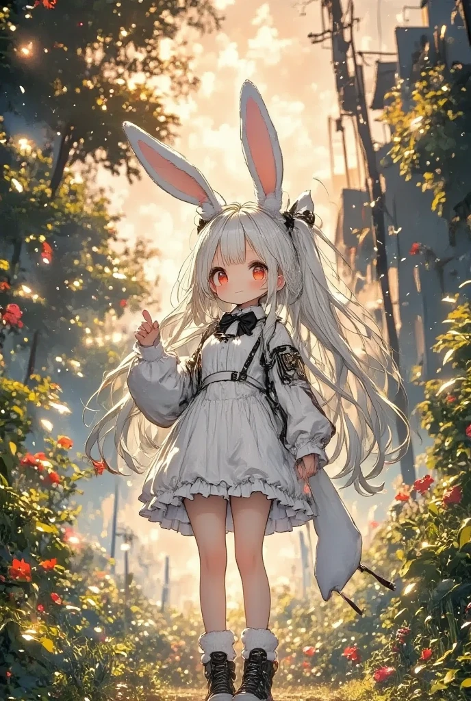 masterpiece, solo, panorama, wide shot, girl\(chibi,cute,kawaii,small ,white hair,very long hair,bangs,ear\(fluffy white bunny-ear\), bunny tail,red eye,big eye,beautiful shiny eye,skin color white,big hairbow,white frilled dress,breast,full body\),detailed illustration, long eyelashes, best quality, sunny ,dramatic portrait, country road, narure, bright image,cinematic lighting, bokeh , blurry background, backlit, film camera effect, kawaii anime, intricate artwork, beautiful composition, lens flare, realistic anime background, hdr, 16k, ultra aesthetic illustration,