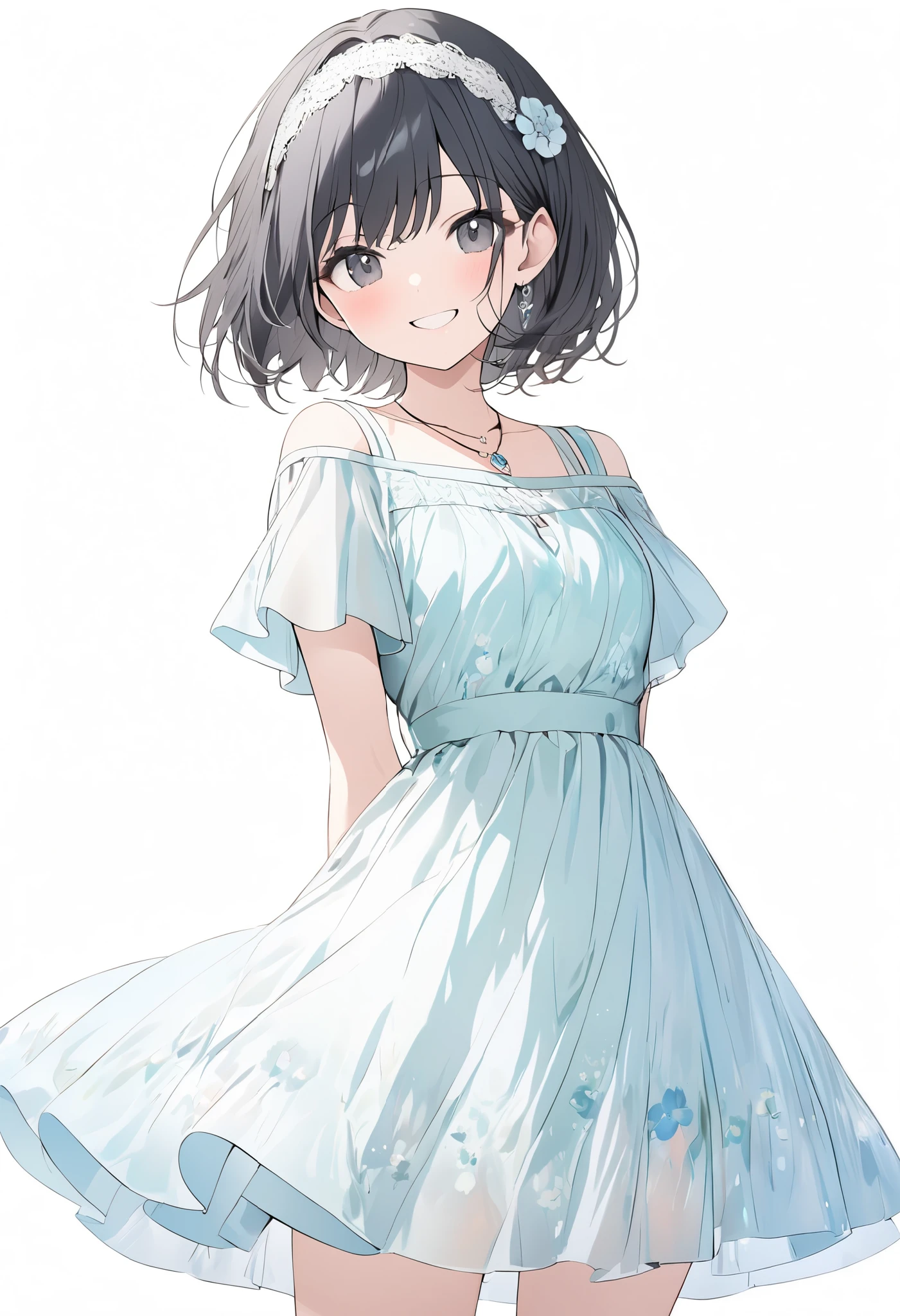 {{masterpiece、 Attention to Details , perfect eyes}}、((White background,from front,  cowboy shot))、18 years old、 One Girl 、 black hair、pixie cut、big black eyes、(light blue short sleeve chiffon dress、 floral dress 、 lace headband 、pendant)happy, smile、arms behind back