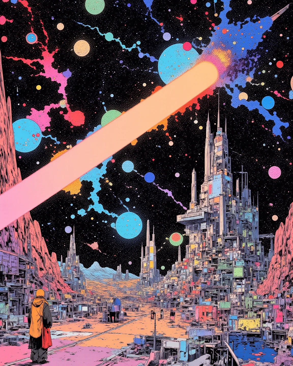 A space colony with universe, sci - fi art, Fascinating colorful universe, Shining shooting star, 
in style by Josan Gonzales, ink splashes, Iridescent Ink Flow In universe, by Peter Elson, in peter elson color scheme, roger dean art, in style by tim white art.  
ff-fbs