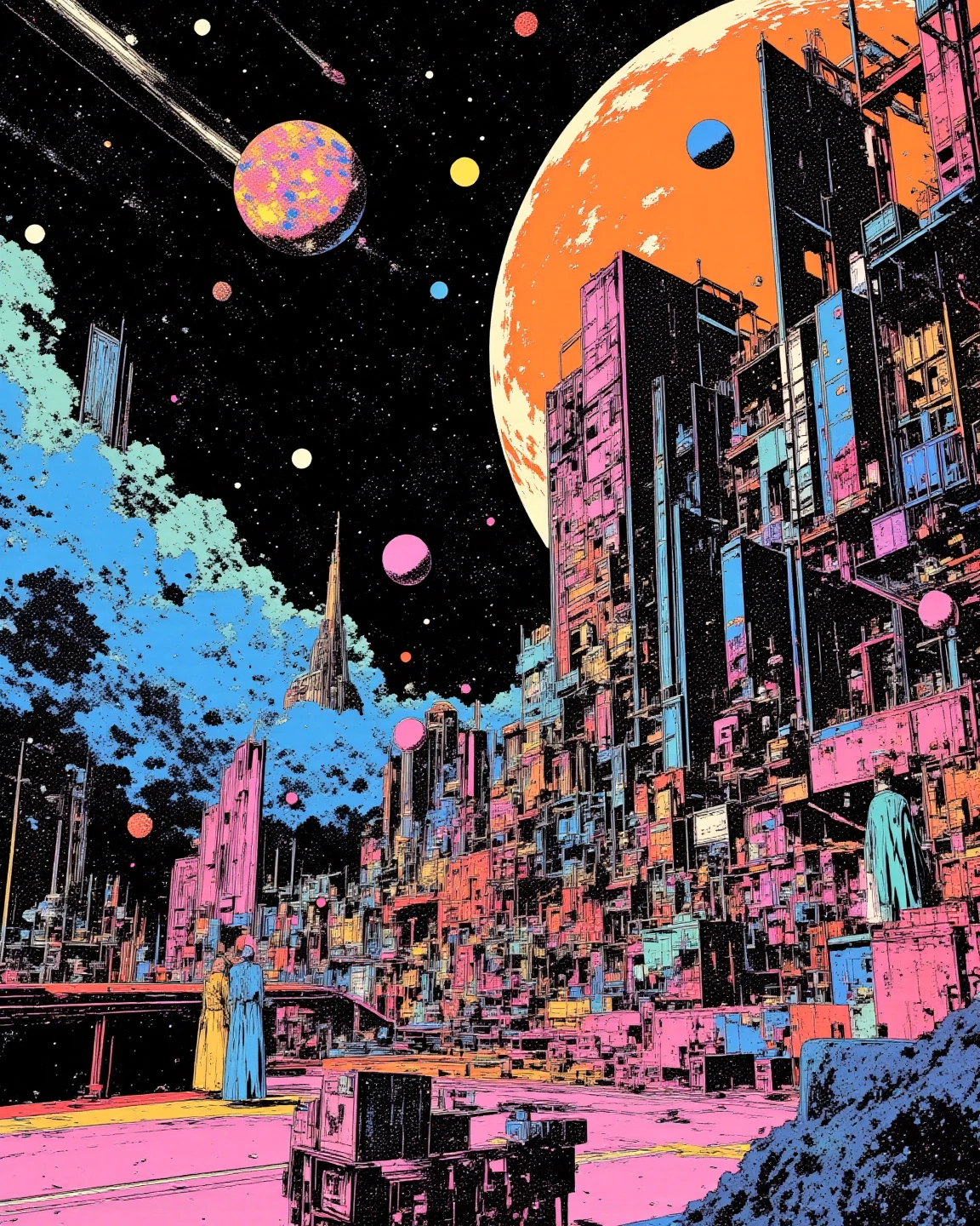 A space colony with universe, sci - fi art, Fascinating colorful universe, Shining shooting star, 
in style by Josan Gonzales, ink splashes, Iridescent Ink Flow In universe, by Peter Elson, in peter elson color scheme, roger dean art, in style by tim white art.  
ff-fbs