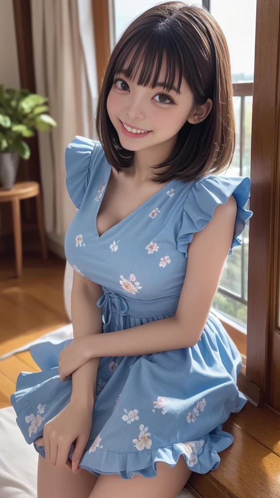 masutepiece, Best Quality, Illustration, Ultra-detailed, finely detail, hight resolution, 8K Wallpaper, Perfect dynamic composition, Beautiful detailed eyes, Women's Fashion,Very short hair,Small breasts natural color lip, Bold sexy poses,Smile,Harajuku、20 years girl、Cute、Sexy shot looking at camera、peasant dress、Background outdoor,heel