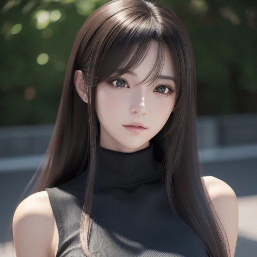 Tifa Lockhart, (8K, Photorealsitic, Top image quality, Unreal Engine 5 rendering works, (A very beautiful girl, masterpiece, The breasts are very big), beautiful aye, long hair detail, (The red eye makeup is very meticulous), Elegant and noble