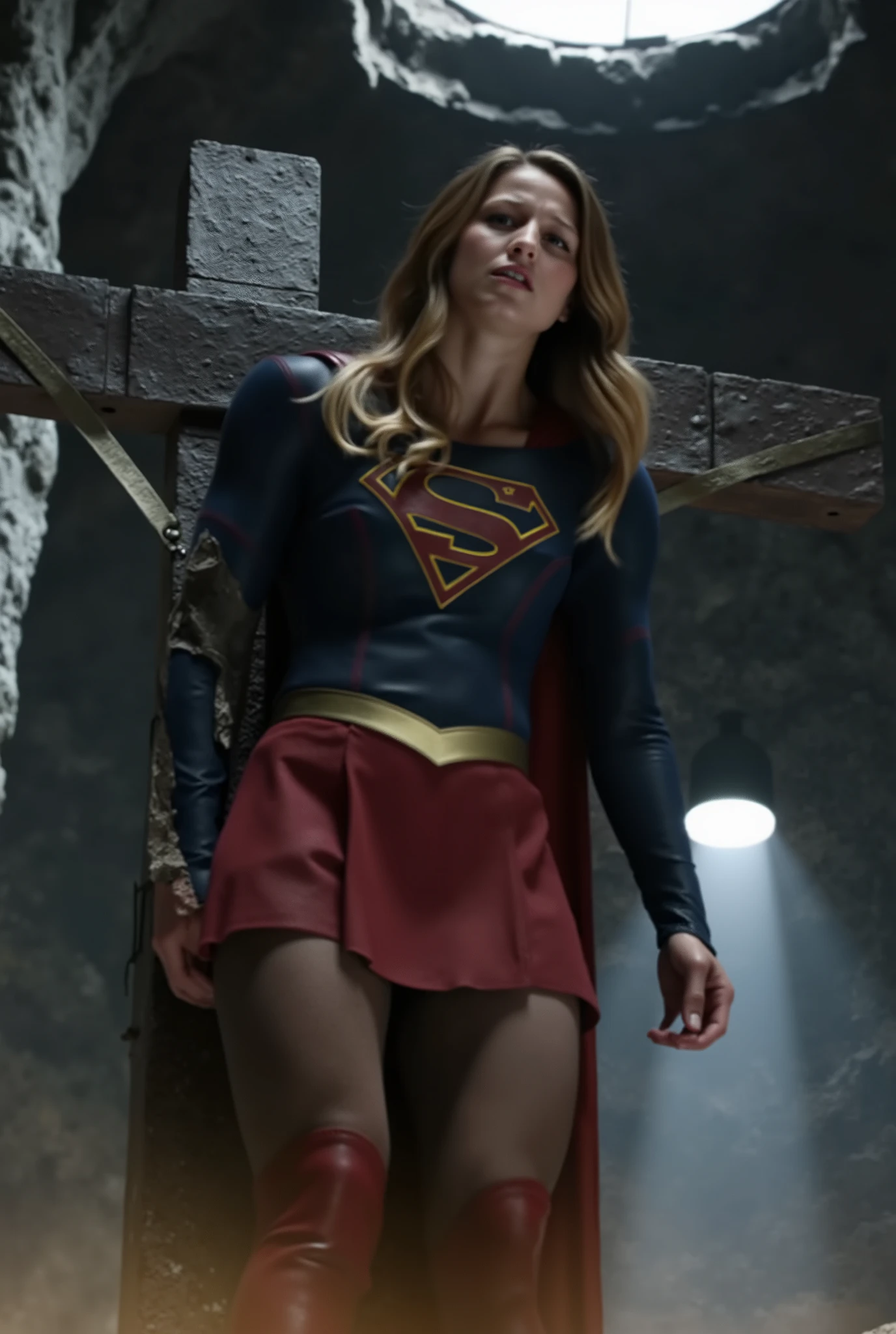 Melissa Benoist as Supergirl, laying and crucified with chain on the cross, unconsciousness, in the cave, She is wearing a Supergirl costume, red skirt, pantyhose and red knee height boots, tired, injury, tattered clothes, in the cave,