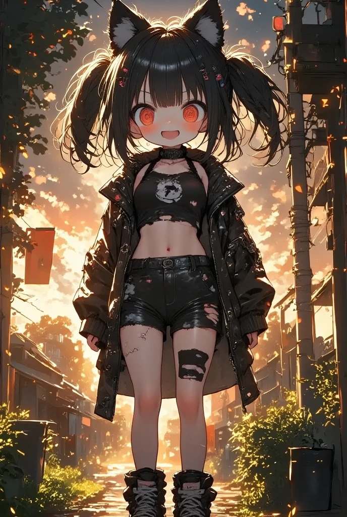 masterpiece, solo, girl\(cute, kawaii, *********,evil smile,black hair,long hair,twin tails hair,pale skin, skin color blue, red eyes, eyes shining,big eyes,breast,punk fashion,ripped clothes,tight tube top,tight hot pants,stomach shown,ripped black short jacket,fluffy black cat-ear,dynamic pose,spiral eyes,bang\),detailed illustration, long eyelashes, best quality, sunny ,dramatic portrait, country road, narure, bright image,cinematic lighting, bokeh , blurry background, backlit, film camera effect, kawaii anime, intricate artwork, beautiful composition, lens flare, realistic anime background, hdr, 16k, ultra aesthetic illustration,
