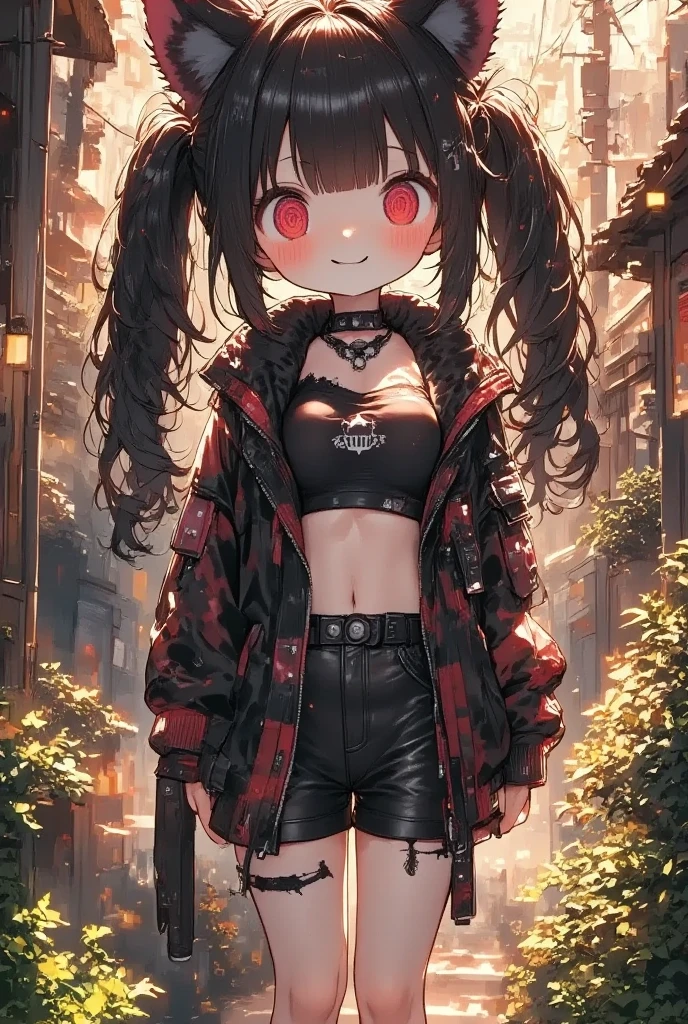 masterpiece, solo, girl\(cute, kawaii, *********,evil smile,black hair,long hair,twin tails hair,pale skin, skin color blue, red eyes, eyes shining,big eyes,breast,punk fashion,ripped clothes,tight tube top,tight hot pants,stomach shown,ripped black short jacket,fluffy black cat-ear,dynamic pose,spiral eyes,bang\),detailed illustration, long eyelashes, best quality, sunny ,dramatic portrait, country road, narure, bright image,cinematic lighting, bokeh , blurry background, backlit, film camera effect, kawaii anime, intricate artwork, beautiful composition, lens flare, realistic anime background, hdr, 16k, ultra aesthetic illustration,
