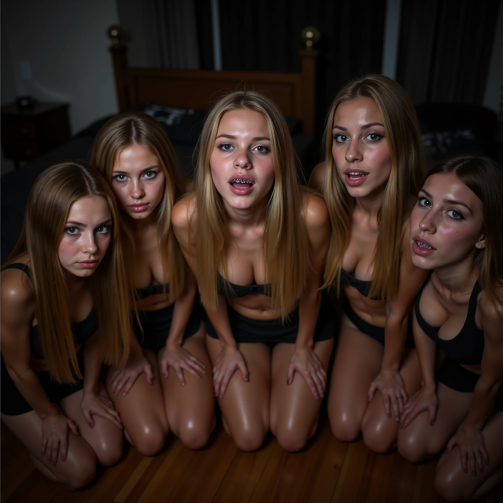 Very realistic photo of 6 Polish very very young girls, *******r,  long blonde hair , tiny cropped tops and mini skirt ,  kneel on hardwood floors in a bedroom at night, viewed from above, braces,  Open mouth, wet face,  full lips. Focus auf die braces und sehen den Betrachter an.