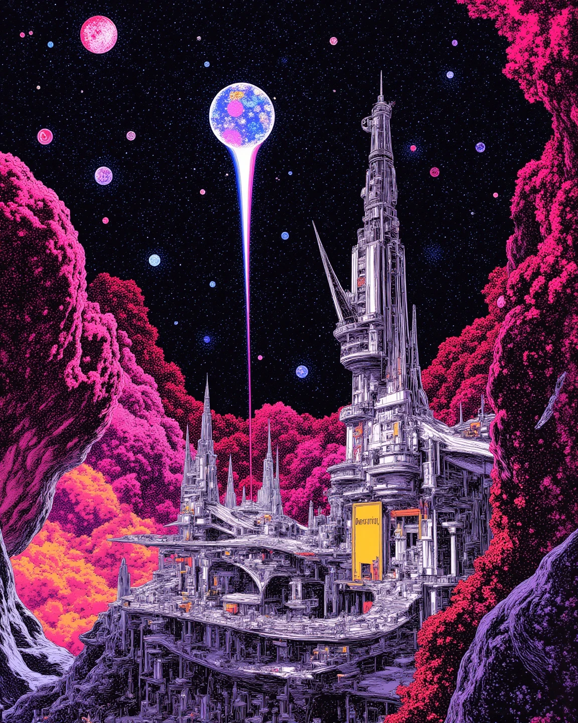 A space colony with universe, sci - fi art, Fascinating colorful universe, Shining shooting star, 
in style by Josan Gonzales, ink splashes, Iridescent Ink Flow In universe, by Peter Elson, in peter elson color scheme, roger dean art, in style by tim white art.  
ff-fbs