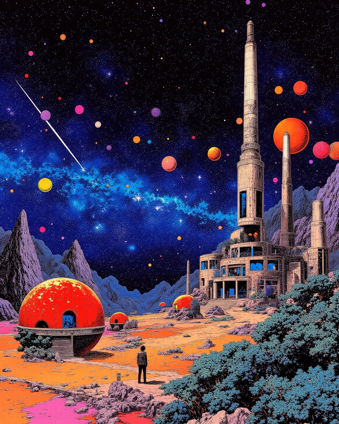 A space colony with universe, sci - fi art, Fascinating colorful universe, Shining shooting star, 
in style by Josan Gonzales, ink splashes, Iridescent Ink Flow In universe, by Peter Elson, in peter elson color scheme, roger dean art, in style by tim white art.  
ff-fbs