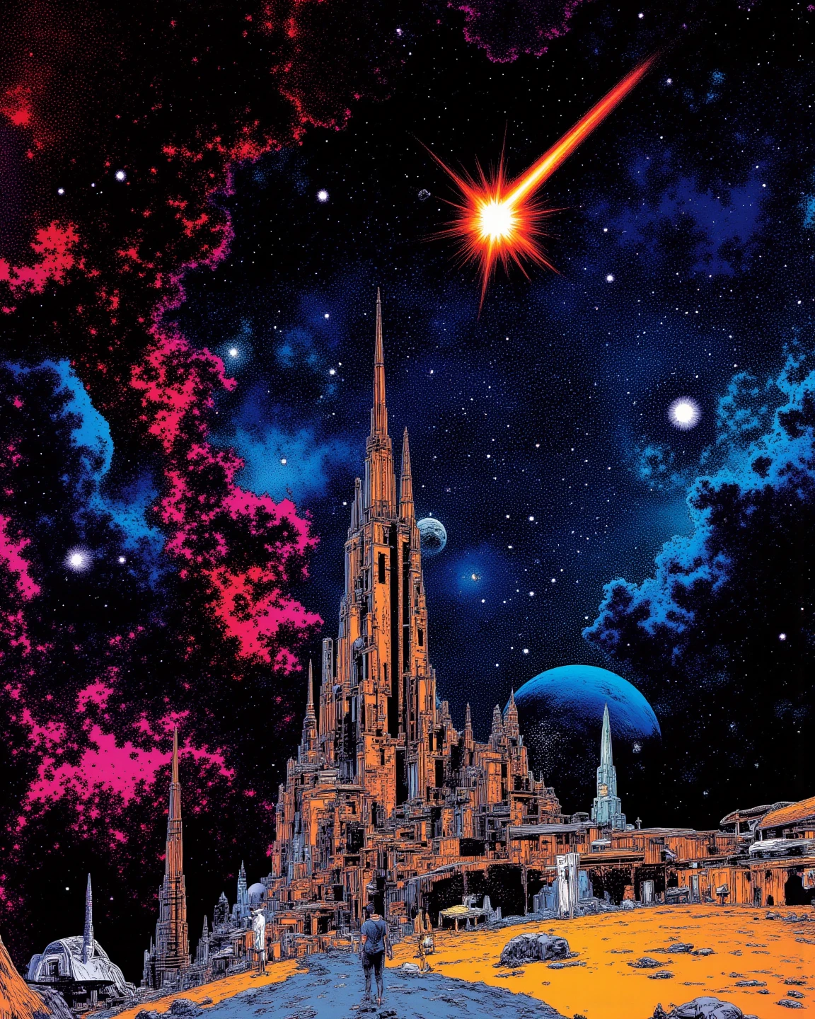 A space colony with universe, sci - fi art, Fascinating colorful universe, Shining shooting star, 
in style by Josan Gonzales, ink splashes, Iridescent Ink Flow In universe, by Peter Elson, in peter elson color scheme, roger dean art, in style by tim white art.  
ff-fbs