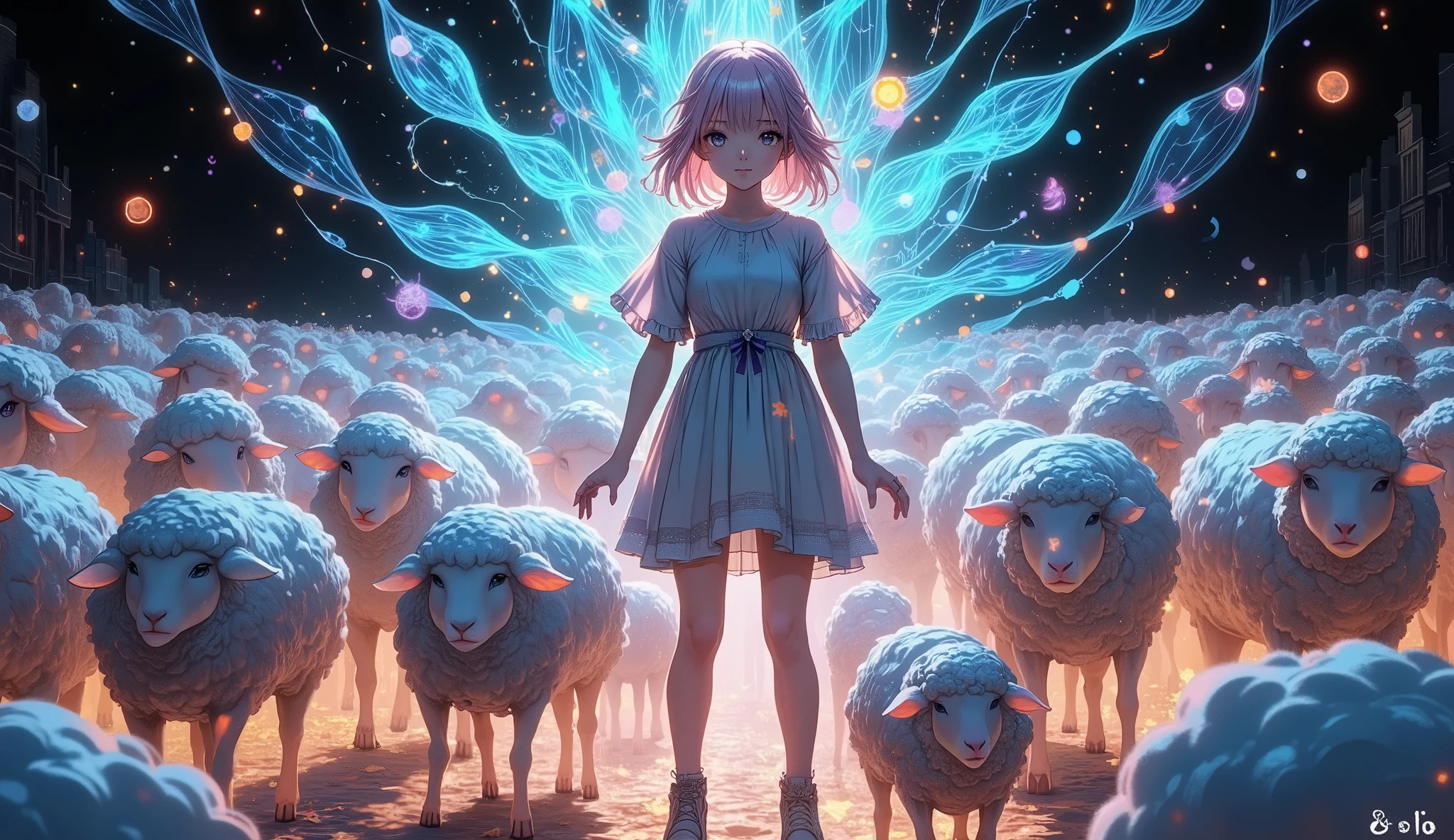 A new style like no other , ( draw with a glowing watercolor brush,  sheep counted in dreams , shepherd girl, Alone, with 50,000 sheep ,  digital mosaic using brilliance), (Insert sentence ,  sentence says , ” 50k congratulations” ,  accurate and cute characters), glow line art