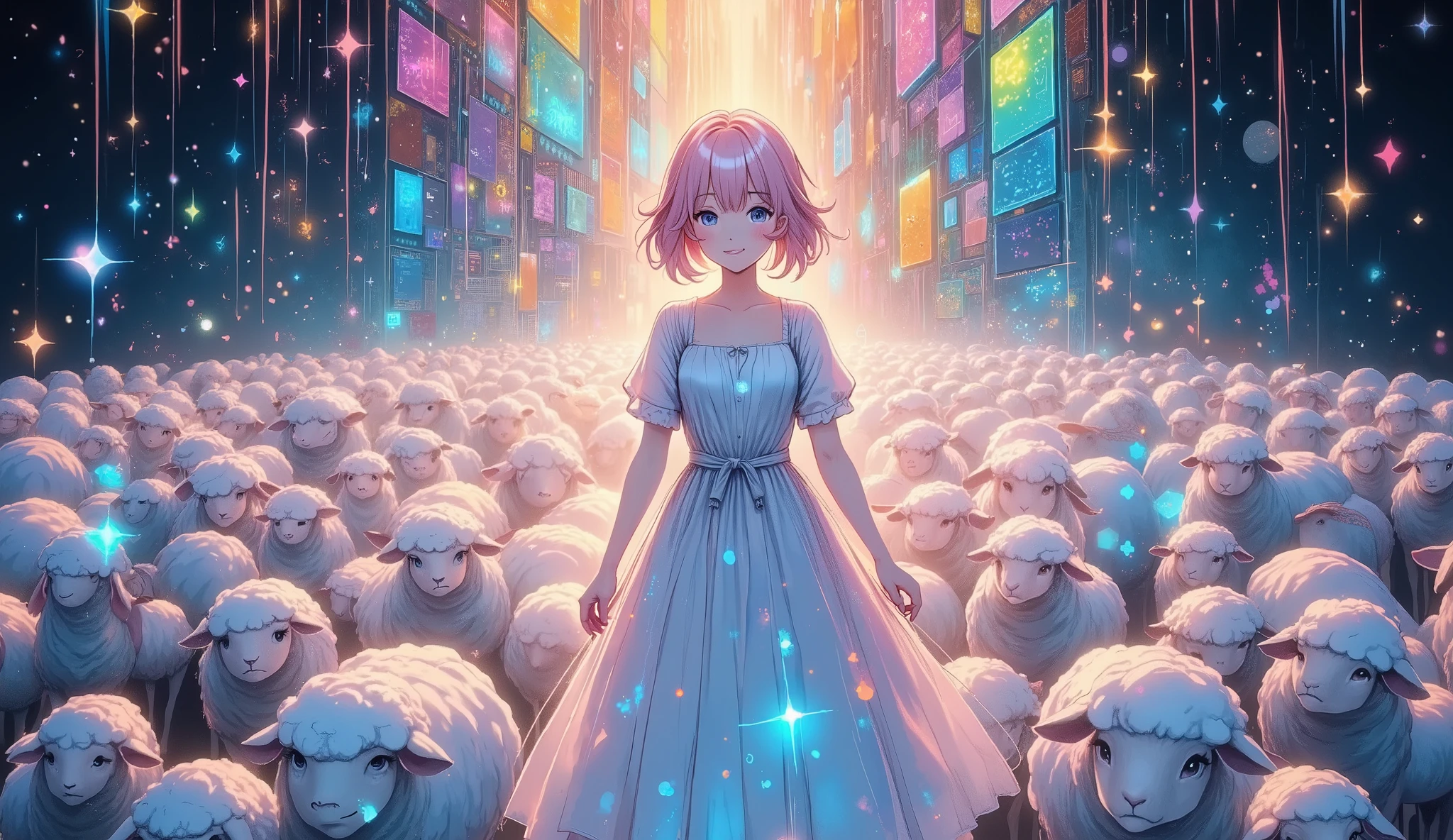 A new style like no other , (Insert sentence ,  sentence says , ” 50k congratulations” ,  accurate and cute characters), ( draw with a glowing watercolor brush,  sheep counted in dreams , shepherd girl, Alone, with 50,000 sheep ,  digital mosaic using brilliance), glow line art