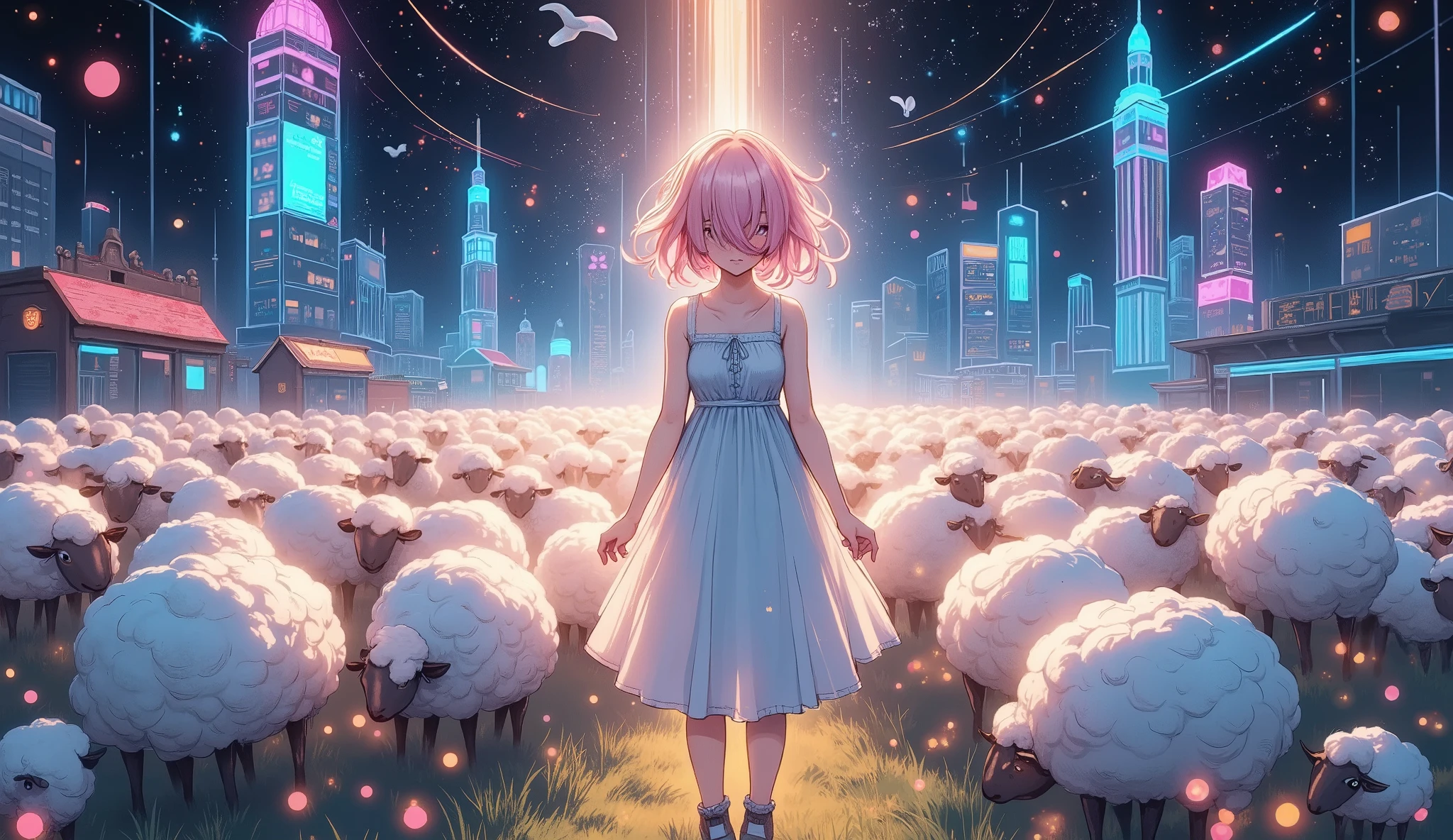 A new style like no other , (Insert sentence ,  sentence” 50k congratulations”,  accurate and cute characters), ( draw with a glowing watercolor brush,  sheep counted in dreams , shepherd girl, Alone, with 50,000 sheep ,  digital mosaic using brilliance), glow line art