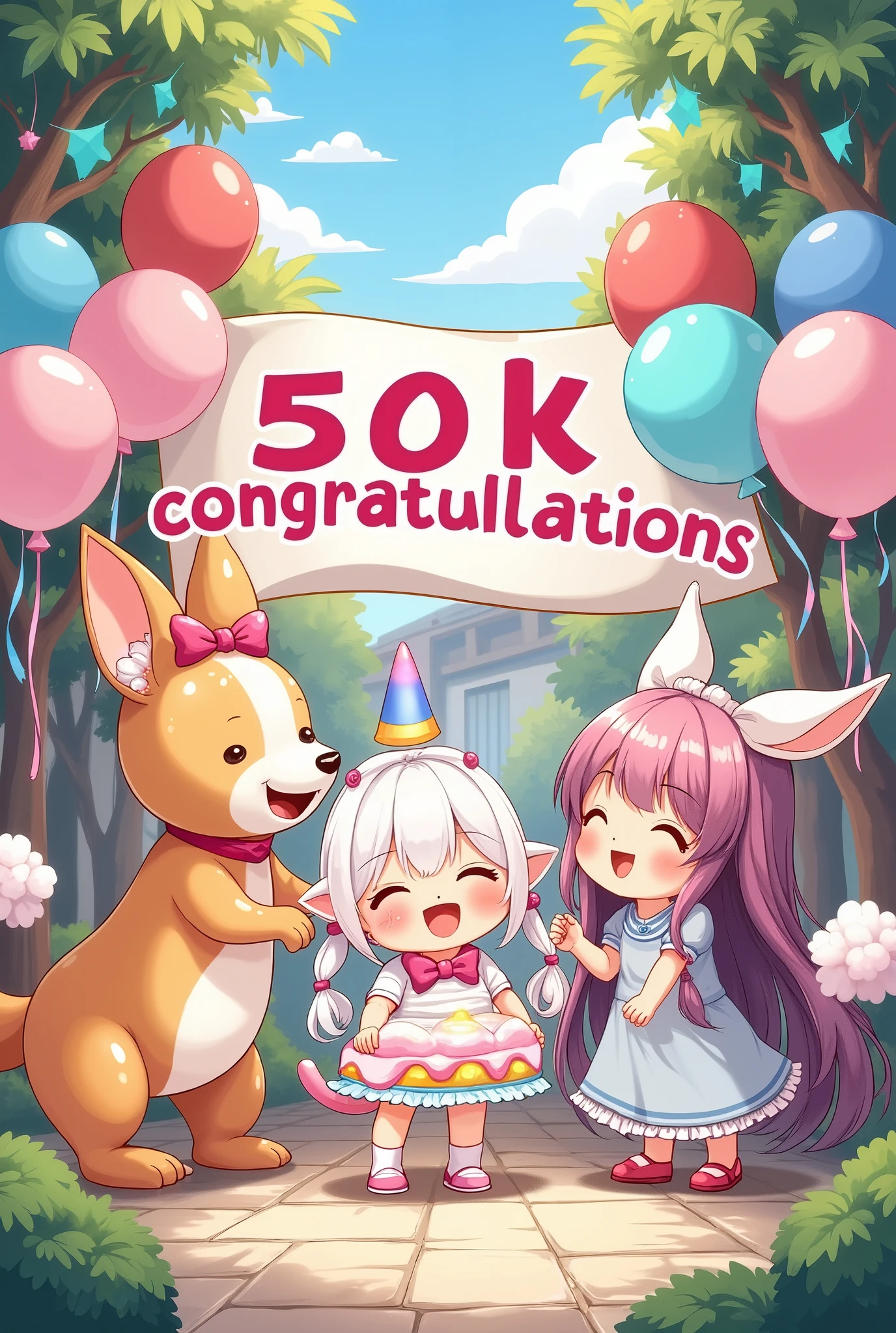  (Inserting characters,  sentence” 50k congratulations”,“NikuU” ,  accurate and cute characters), 