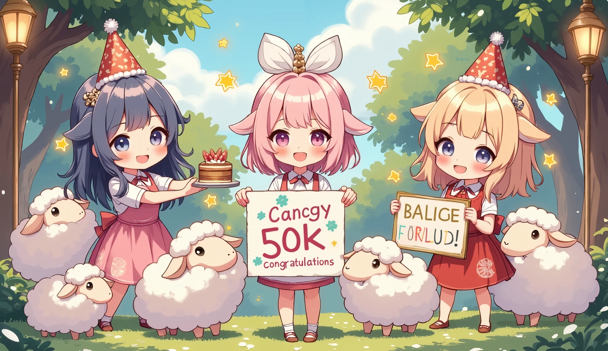  (Inserting characters,  sentence” 50k congratulations”,“NikuU” ,  accurate and cute characters), with 50k sheep...