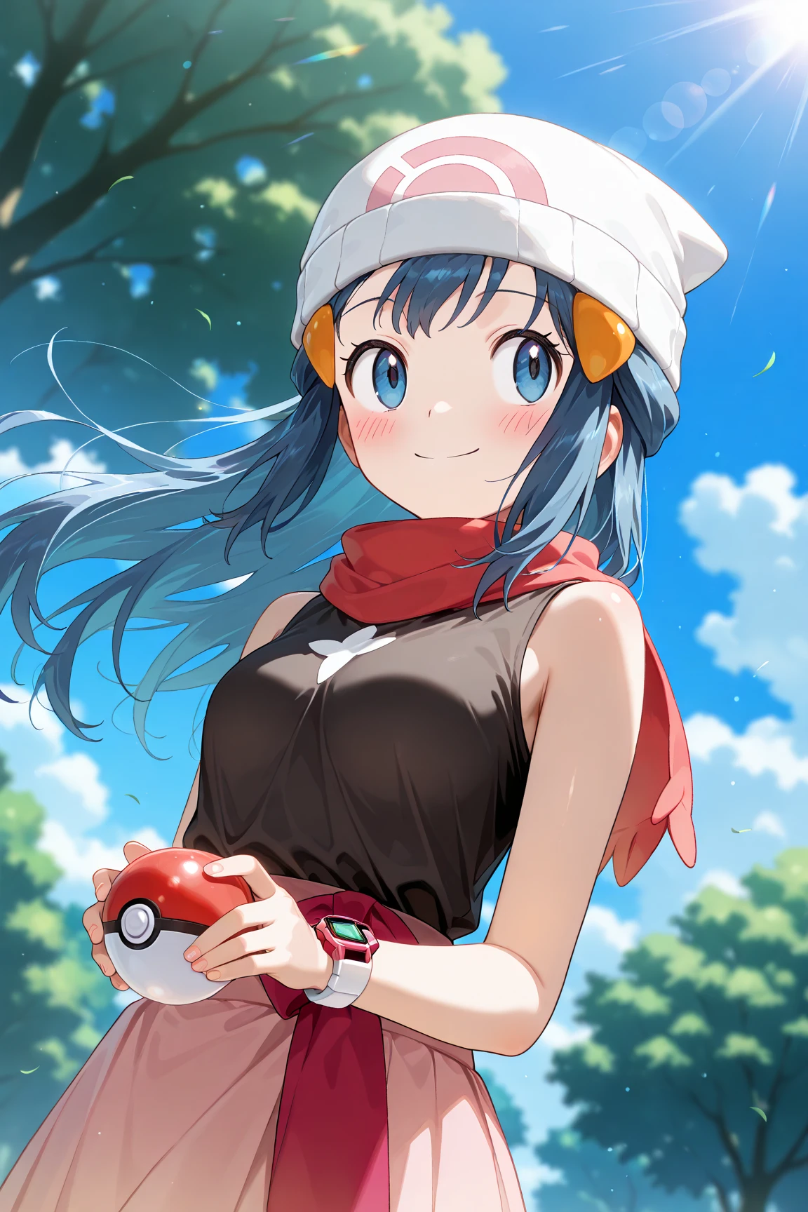 score_9, score_8_up, score_7_up, score_6_up, score_5_up, score_4_up, source_anime, aadawn, long hair, blue hair, beanie, white headwear, hair ornament, blue eyes, breasts, red scarf, sleeveless shirt, black shirt, wristwatch, bracelet, pink skirt, standing, outdoors, filed, flower, tree, holding poke ball, smile,

(realistic skin0.8),
Shiny, skin,

(blush:1.4), smile,
cinematic, dramatic, (blurry background:1.4), depth of field, 
1girl, solo, joyful, smile, dynamic pose, dynamic angle, from below, 
outdoors, nature,
(portrait:1.3),
focus on face,
sunny,
blue sky,
cloud,
sunlight,
wind,
looking away,