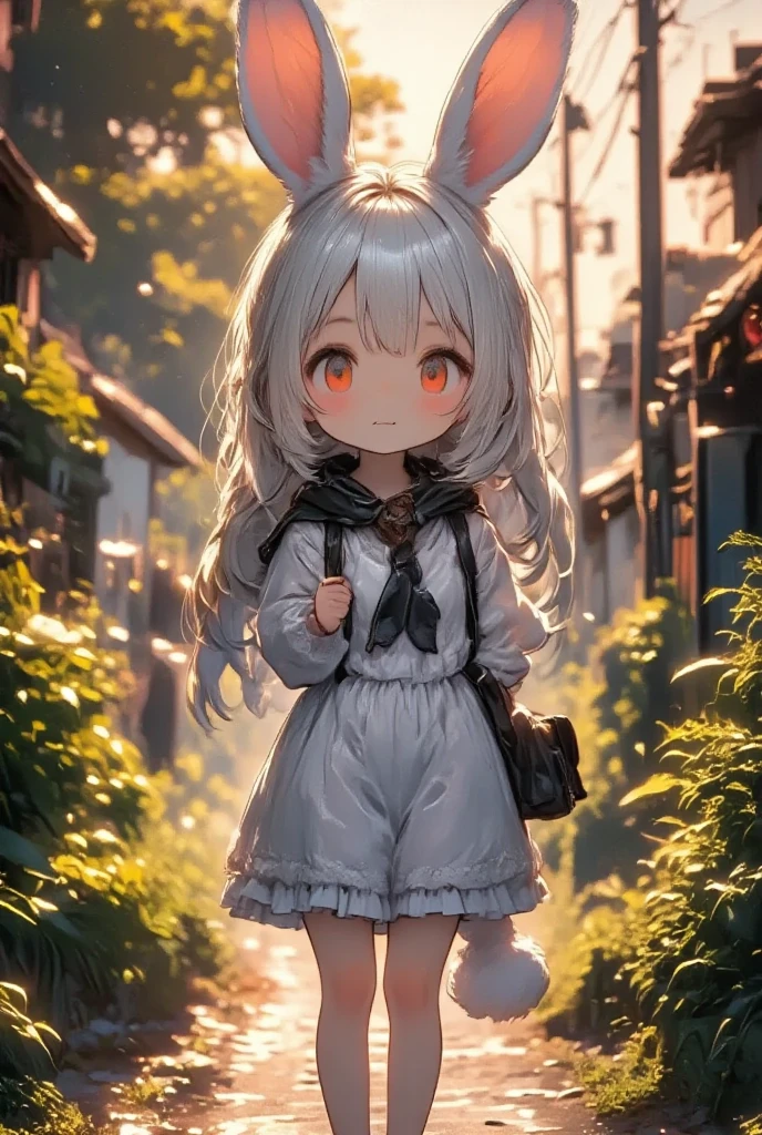 masterpiece, solo, panorama, wide shot, girl\(chibi,cute,kawaii,small ,white hair,very long hair,bangs,ear\(fluffy white bunny-ear\), bunny tail,red eye,big eye,beautiful shiny eye,skin color white,big hairbow,white frilled dress,breast,full body\),detailed illustration, long eyelashes, best quality, sunny ,dramatic portrait, country road, narure, bright image,cinematic lighting, bokeh , blurry background, backlit, sun light cascade down, film camera effect, kawaii anime, intricate artwork, beautiful composition, lens flare, realistic anime background, hdr, 16k, ultra aesthetic illustration,