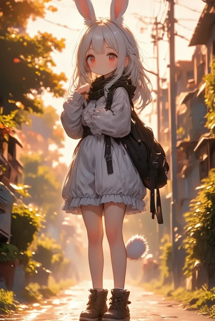 masterpiece, solo, panorama, wide shot, girl\(chibi,cute,kawaii,small ,white hair,very long hair,bangs,ear\(fluffy white bunny-ear\), bunny tail,red eye,big eye,beautiful shiny eye,skin color white,big hairbow,white frilled dress,breast,full body\),detailed illustration, long eyelashes, best quality, sunny ,dramatic portrait, country road, narure, bright image,cinematic lighting, bokeh , blurry background, backlit, sun light cascade down, film camera effect, kawaii anime, intricate artwork, beautiful composition, lens flare, realistic anime background, hdr, 16k, ultra aesthetic illustration,