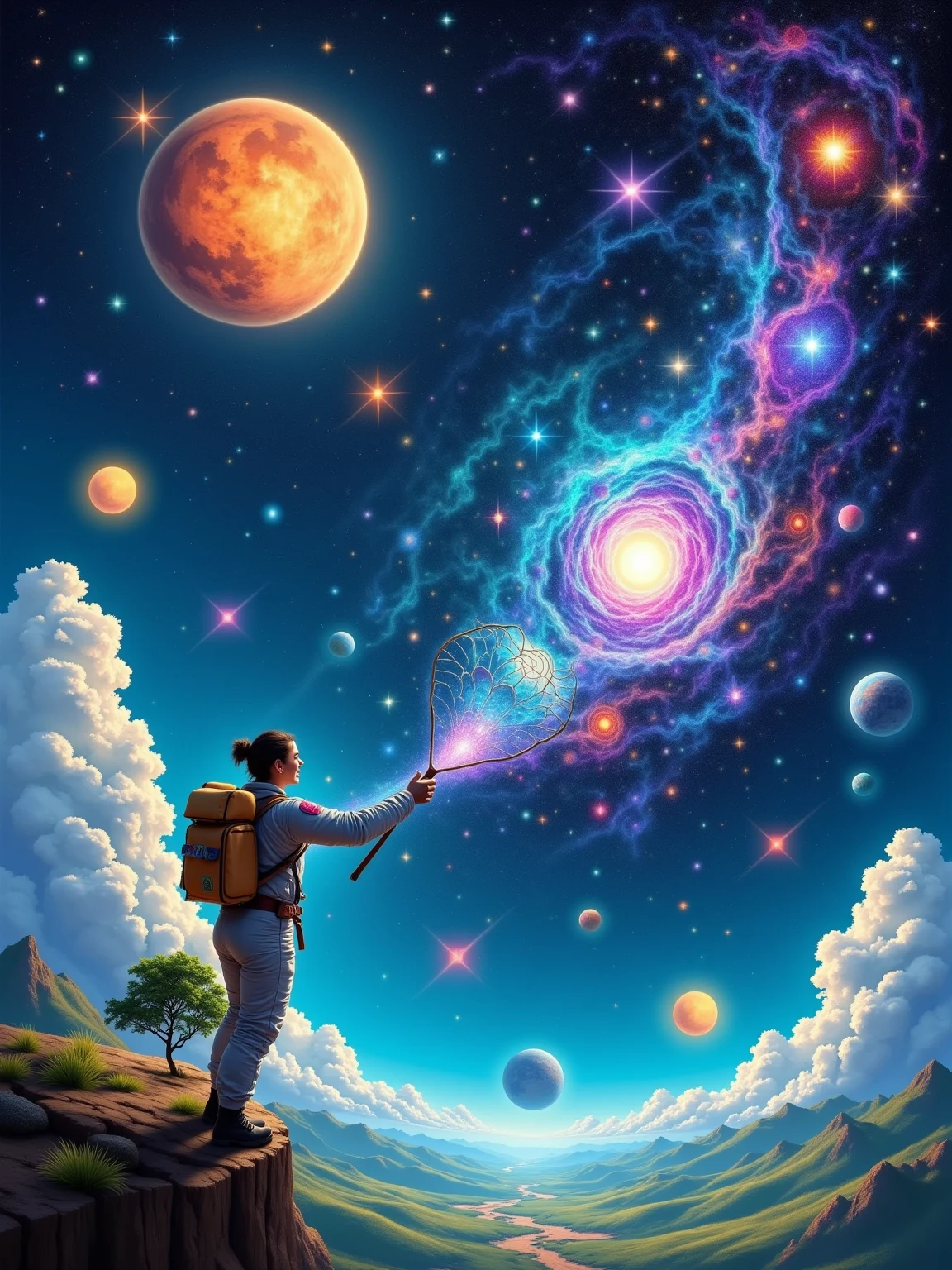 Create an image with a vibrant depiction of a Middle-Eastern woman wearing a space suit while defying gravity in outer space. In her hand, she holds a large net as she enthusiastically chases after beautiful stars that shine in various bright colors against the expansive, dark space. The space is filled with mesmerizing celestial bodies, each telling a story of its own. A sense of joy and discovery is evident in her demeanor as she reaches out to gather the luminous stars.