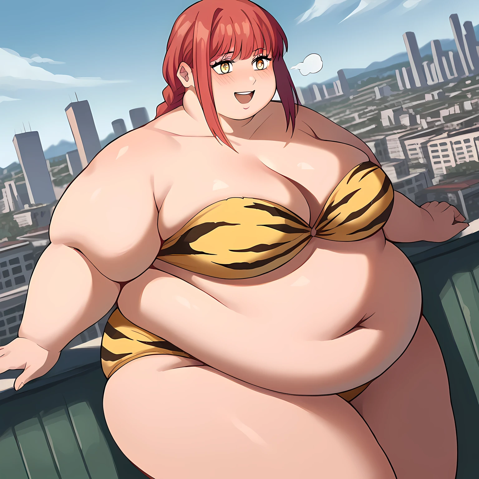 score_9, score_8_up, score_7_up, source_anime, makima, makima, long hair, smile, bangs, yellow eyes, braid, red hair, braided ponytail, ringed eyes,, lumcosplay, navel, cleavage, swimsuit, bikini, strapless, animal print, yellow bikini, tiger print, strapless bikini,, outdoors, cityscape, street, smile, blush,, cowboy shot, dutch angle, fat, chubby, obese, gigantic arms and legs, large breasts open mouth, out of breath