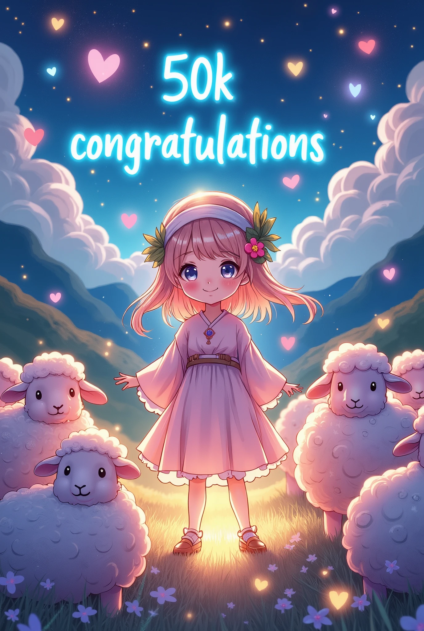  (Inserting characters,  sentence” 50k congratulations”, Article “NiKuu”,  accurate and cute characters),shepherd girl, glow line art, Insert sentence ,