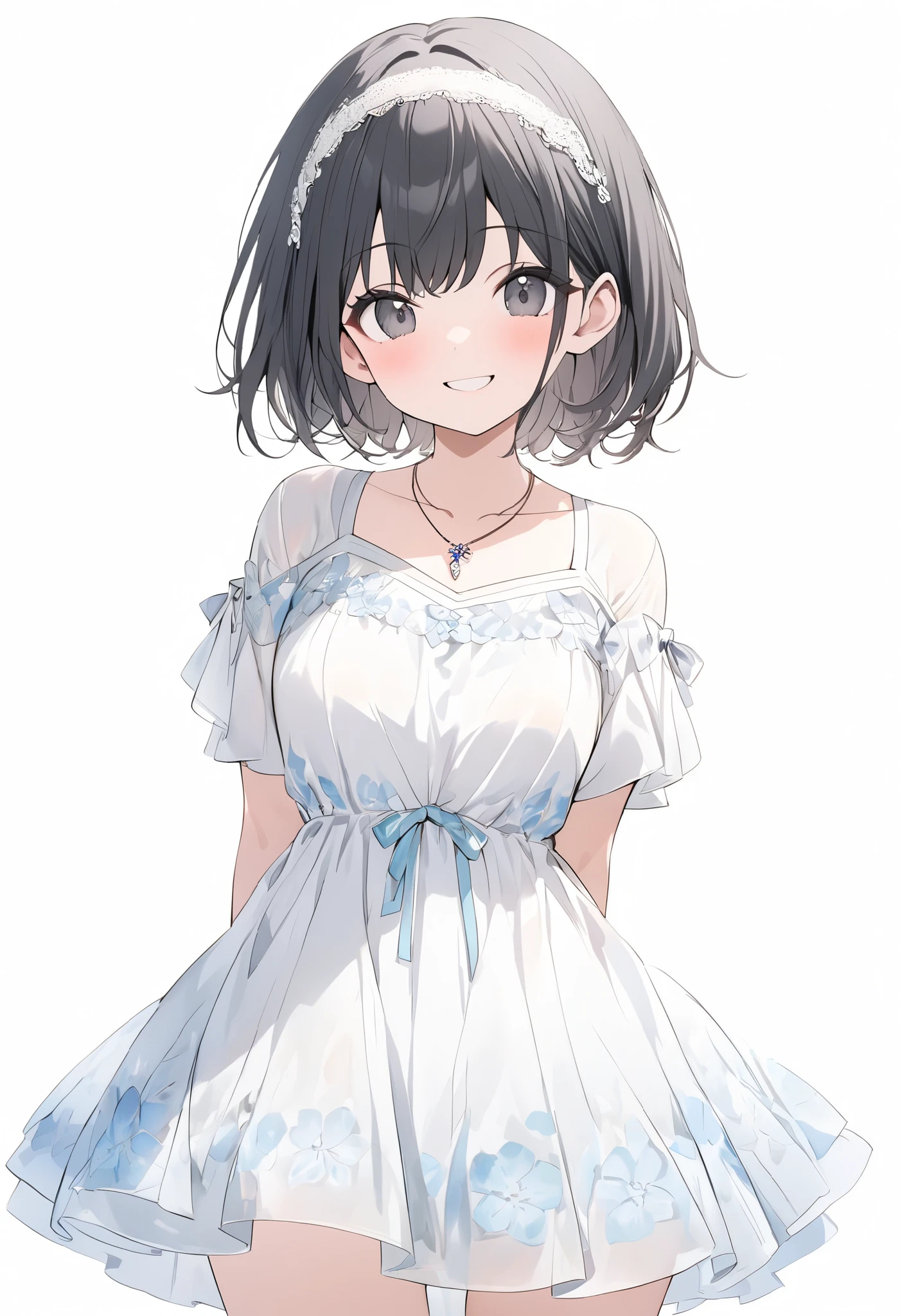 {{masterpiece、 Attention to Details , perfect eyes}}、((White background,from front,  cowboy shot))、18 years old、 One Girl 、 black hair、pixie cut、big black eyes、(Light blue and white short sleeve chiffon dress、 floral dress 、 lace headband 、pendant)happy, smile、arms behind back