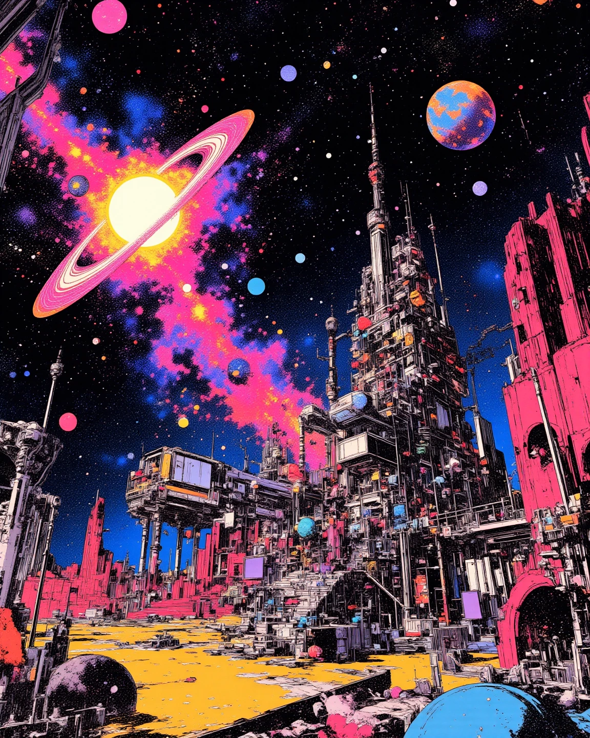 A space colony with universe, sci - fi art, Fascinating colorful universe, Shining shooting star, 
in style by Josan Gonzales, ink splashes, Iridescent Ink Flow In universe, by Peter Elson, in peter elson color scheme, roger dean art, in style by tim white art.  
ff-fbs