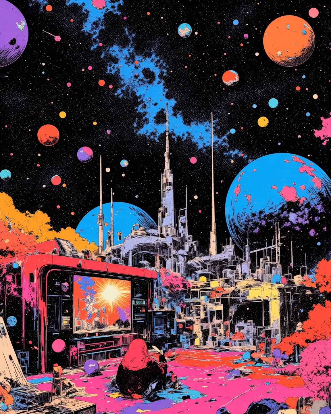 A space colony with universe, sci - fi art, Fascinating colorful universe, Shining shooting star, 
in style by Josan Gonzales, ink splashes, Iridescent Ink Flow In universe, by Peter Elson, in peter elson color scheme, roger dean art, in style by tim white art.  
ff-fbs