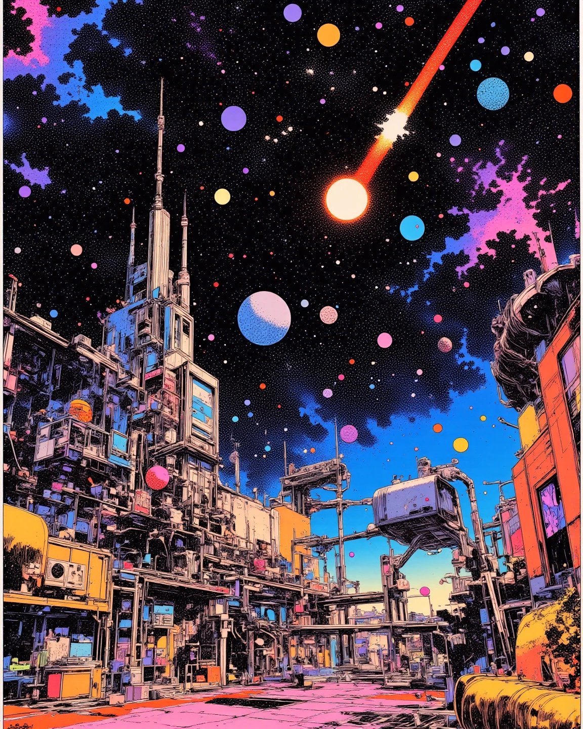 A space colony with universe, sci - fi art, Fascinating colorful universe, Shining shooting star, 
in style by Josan Gonzales, ink splashes, Iridescent Ink Flow In universe, by Peter Elson, in peter elson color scheme, roger dean art, in style by tim white art.  
ff-fbs