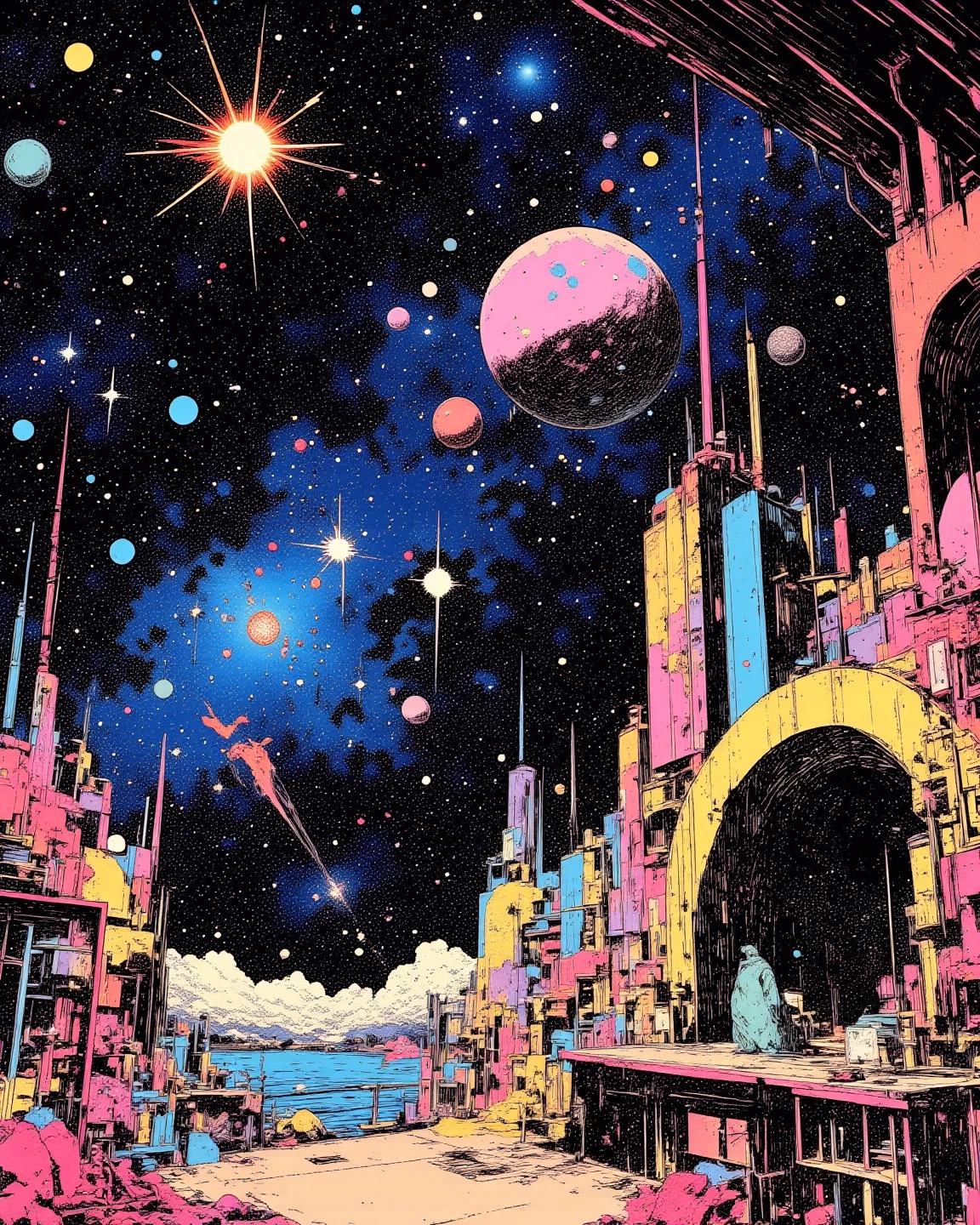 A space colony with universe, sci - fi art, Fascinating colorful universe, Shining shooting star, 
in style by Josan Gonzales, ink splashes, Iridescent Ink Flow In universe, by Peter Elson, in peter elson color scheme, roger dean art, in style by tim white art.  
ff-fbs