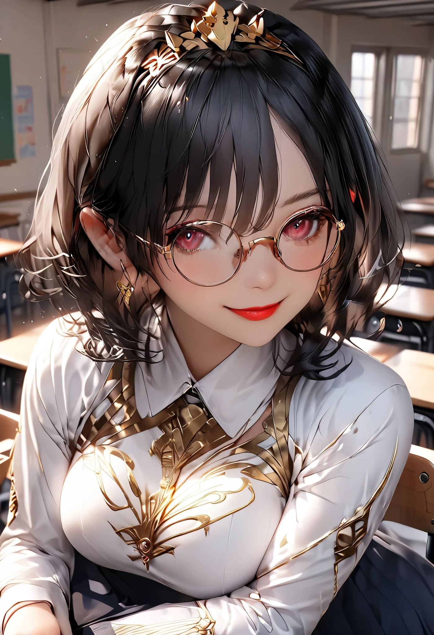 8k,masterpiece, CGSTATION, hyper CGI style, arte extremadamente detallado de artgerm, photorealistic chica anime render, 8k anime drawing style, best quality, 3D rendering, INTRICATE, Cute Girl, hyper detailed, medium bust, 27 years old, a woman, sensual smile, red lips, super detailed skin, super beautiful eyes, Princess Snow White, snowwhiite, black hair, short hair, is standing in front of the viewer, brown eyes,front,perfect nose, she is a teacher, setting: classroom, Around her there are accessories that a teacher uses, she wears glasses, She is wearing a short pink blazer, she is wearing a white A-line skirt, black footwear pump, book under the arm, She is an teacher giving classes, She wears a large bright red bow that adorns her short black hair,she wears a golden tiara with 3 rubies in the center,