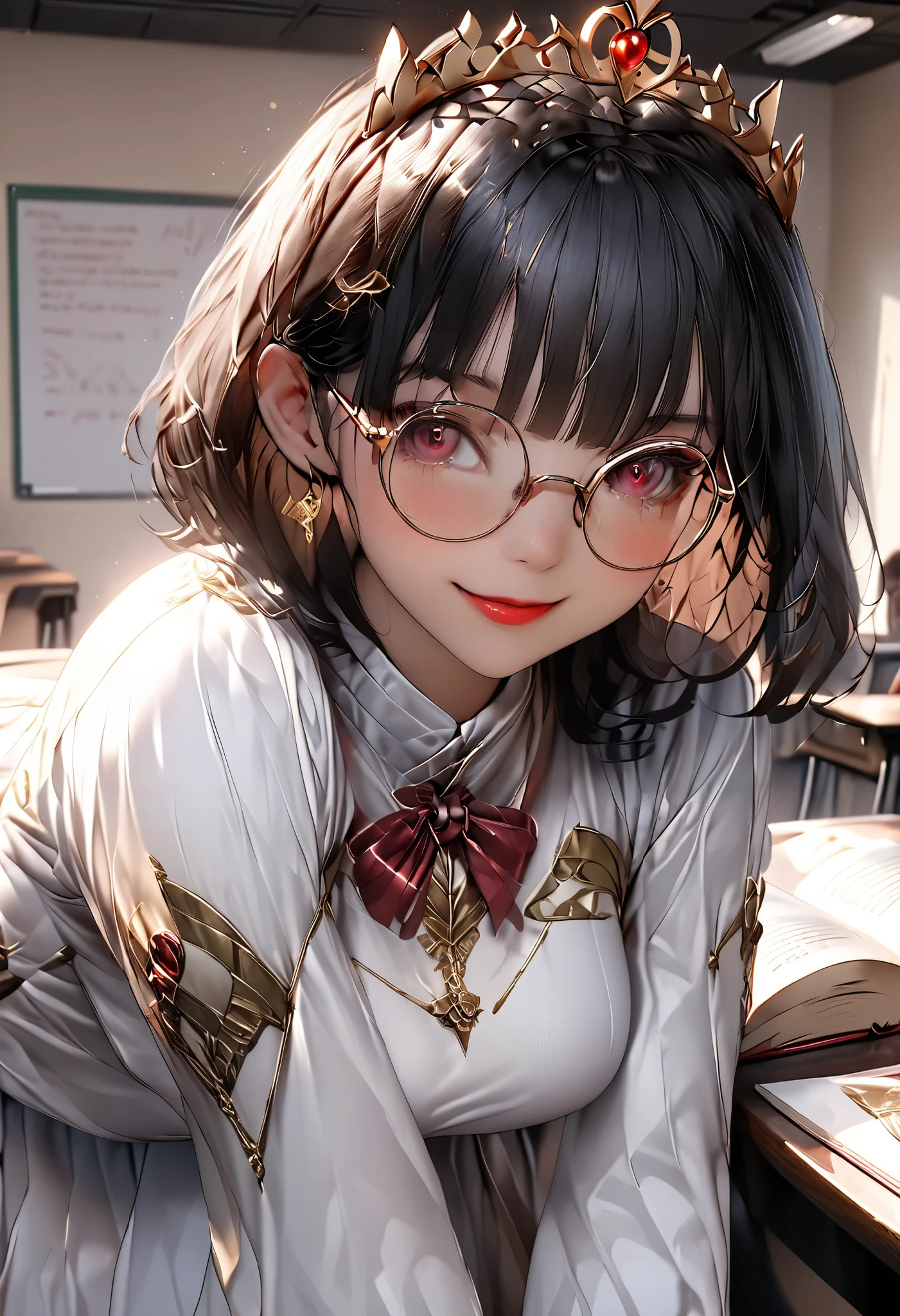 8k,masterpiece, CGSTATION, hyper CGI style, arte extremadamente detallado de artgerm, photorealistic chica anime render, 8k anime drawing style, best quality, 3D rendering, INTRICATE, Cute Girl, hyper detailed, medium bust, 27 years old, a woman, sensual smile, red lips, super detailed skin, super beautiful eyes, Princess Snow White, snowwhiite, black hair, short hair, is standing in front of the viewer, brown eyes,front,perfect nose, she is a teacher, setting: classroom, Around her there are accessories that a teacher uses, she wears glasses, She is wearing a short pink blazer, she is wearing a white A-line skirt, black footwear pump, book under the arm, She is an teacher giving classes, She wears a large bright red bow that adorns her short black hair,she wears a golden tiara with 3 rubies in the center,