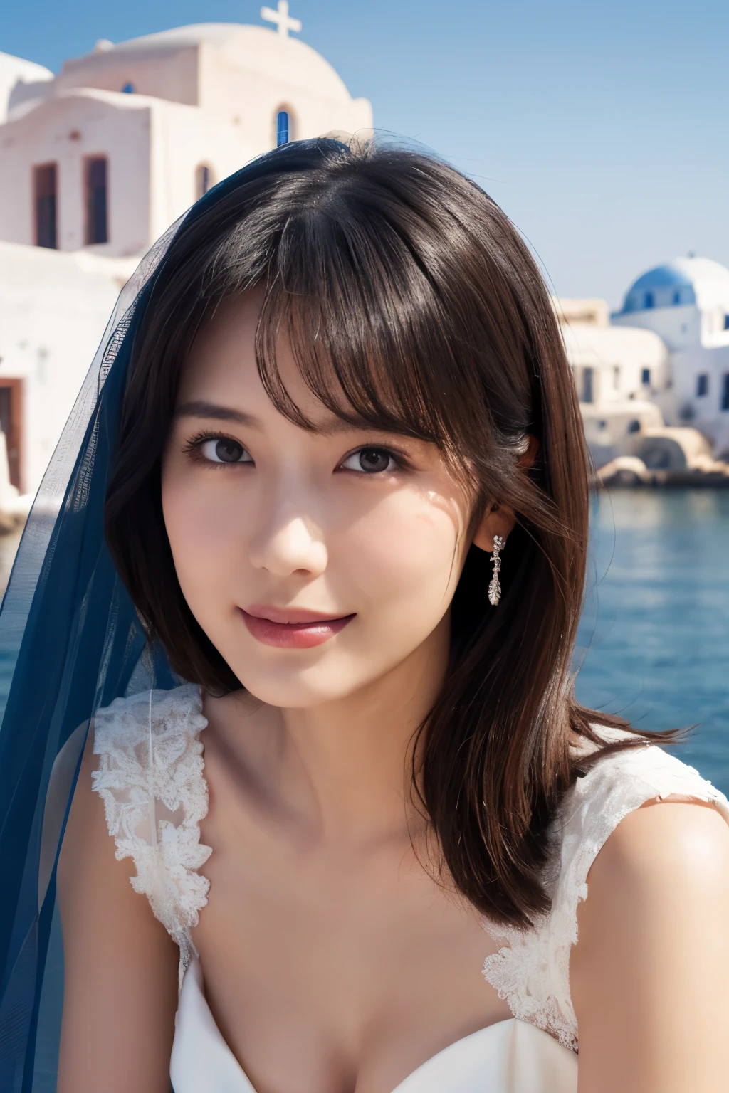  1 girl, ( wear a wedding dress:1.2), (Veil),  very beautiful Japanese idol portrait, ( lying down ),
( RAW photos,  top quality), ( realistic,  realistic:1.4), (masterpiece), 
 very delicate and beautiful ,  very detailed, 2k wallpaper,  amazing on the beach, finely,  very detailed CG Unity 8K wallpaper,  very detailed,  high definition, Soft light, 
 girl with beautiful details wearing a navy blue blouse,  very detailed目と顔,  beautiful and sophisticated nose ,  beautiful beautiful eyes under the sun,  movie lighting, 
(Santorini church ), (bell), (Aegean Sea),
Perfect Anatomy ,  slender body, ( small breasts), (A shy smile:0.8), whole body