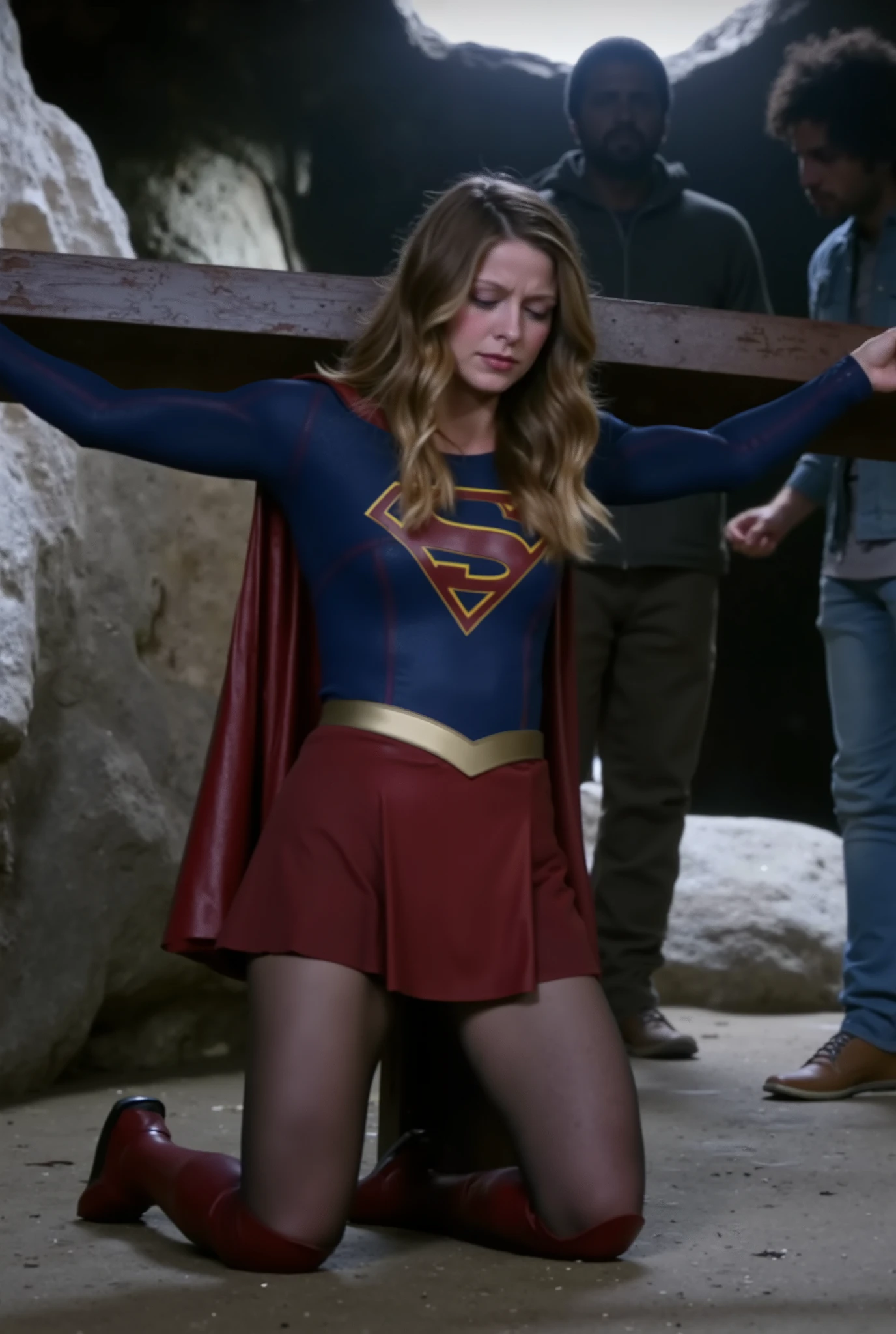 Melissa Benoist as Supergirl, the Supergirl is kneeling crucified to the cross, she is unconscious, eyes close, She is wearing a Supergirl costume with red skirt, pantyhose and red knee height boots, her condition is tired, injury, tattered clothes, painful face, in the cave,