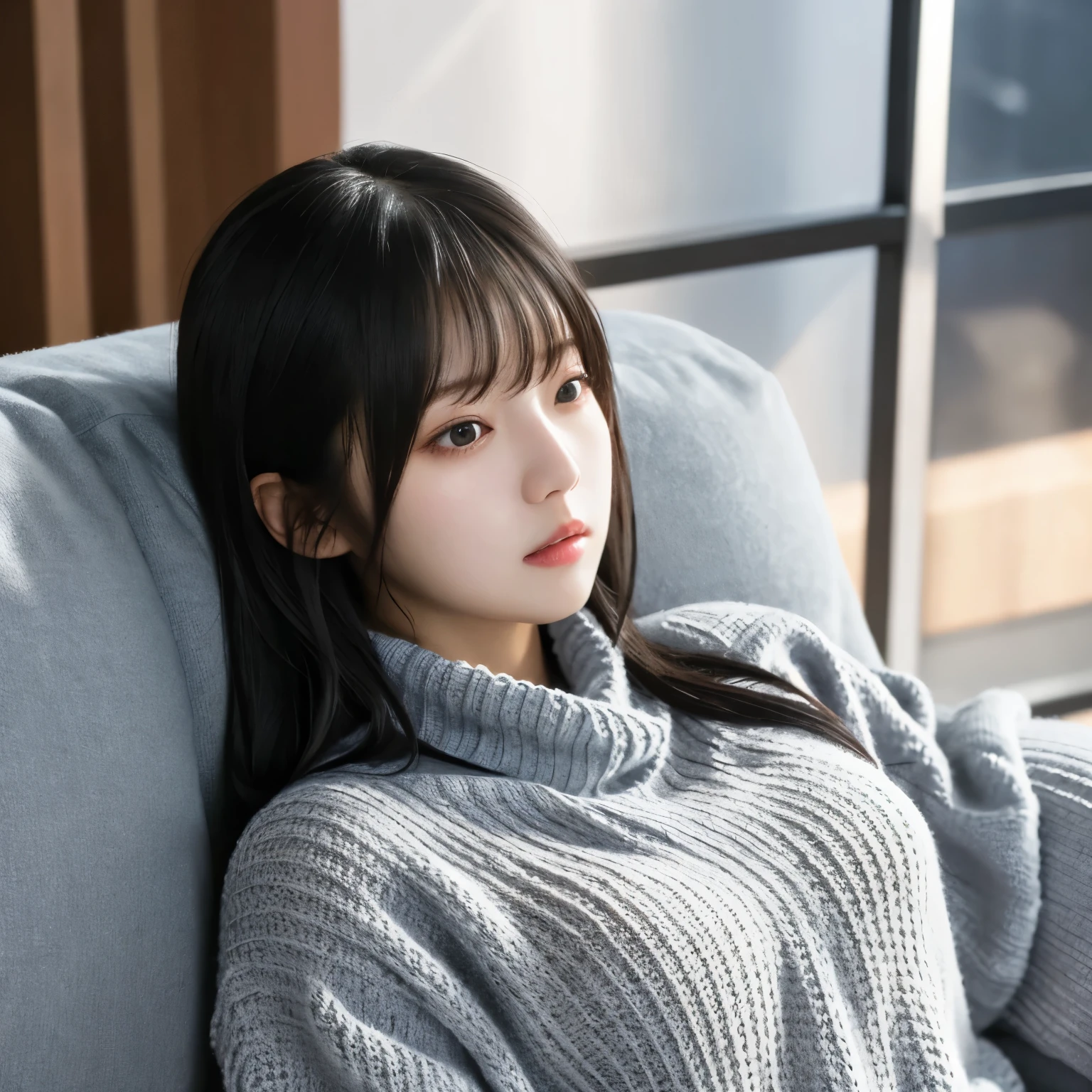 Soft knitted sweater , Bright interior,  a cozy couch,  soft cushions and blanket,  lie on the couch and close your eyes ,  girl, busty,  black hair,  straight hair,  with bangs, 's greatest masterpiece,  professional lighting, Lighting from the front, reflex version