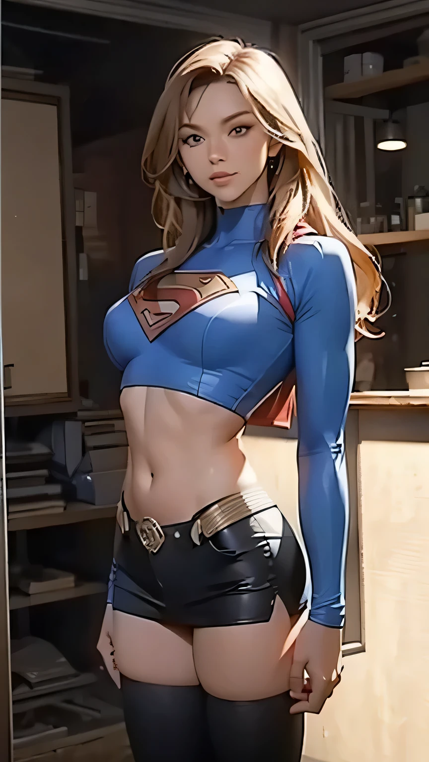 Unreal Engine :1.4,Ultra-Real CG K, photo-realistic:1.4, Skin Texture :1.4, Masterpiece :1.4, Beautiful Female Supergirl Wears Sexy Costumes, blond hair , blue eyes, Detailed Underwear Background , Super Cyberpunk Costume . wide hips, Doomsday City of Fire , ( firm, well-shaped B-cup breasts;1.5)、Flat Abs、 red miniskirt 、 Beautiful Fine Hands ,