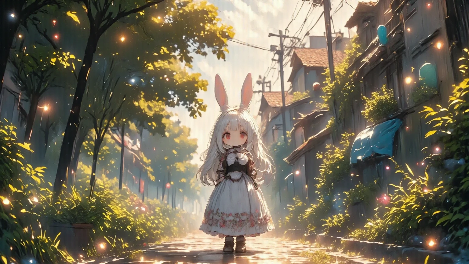 masterpiece, solo, panorama, wide shot, girl\(chibi,cute,kawaii,small ,white hair,very long hair,bangs,ear\(fluffy white bunny-ear\), bunny tail,red eye,big eye,beautiful shiny eye,skin color white,big hairbow,white frilled dress,breast,full body\),detailed illustration, long eyelashes, best quality, sunny ,dramatic portrait, country road, narure, bright image,cinematic lighting, bokeh , blurry background, backlit, sun light cascade down, film camera effect, kawaii anime, intricate artwork, beautiful composition, lens flare, realistic anime background, hdr, 16k, ultra aesthetic illustration,