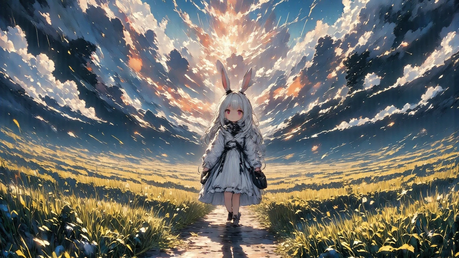 masterpiece, solo, panorama, wide shot, girl\(chibi,cute,kawaii,small ,white hair,very long hair,bangs,ear\(fluffy white bunny-ear\), bunny tail,red eye,big eye,beautiful shiny eye,skin color white,big hairbow,white frilled dress,breast,full body\),detailed illustration, long eyelashes, best quality, sunny ,dramatic portrait, country road, narure, bright image,cinematic lighting, bokeh , blurry background, backlit, sun light cascade down, film camera effect, kawaii anime, intricate artwork, beautiful composition, lens flare, realistic anime background, hdr, 16k, ultra aesthetic illustration,