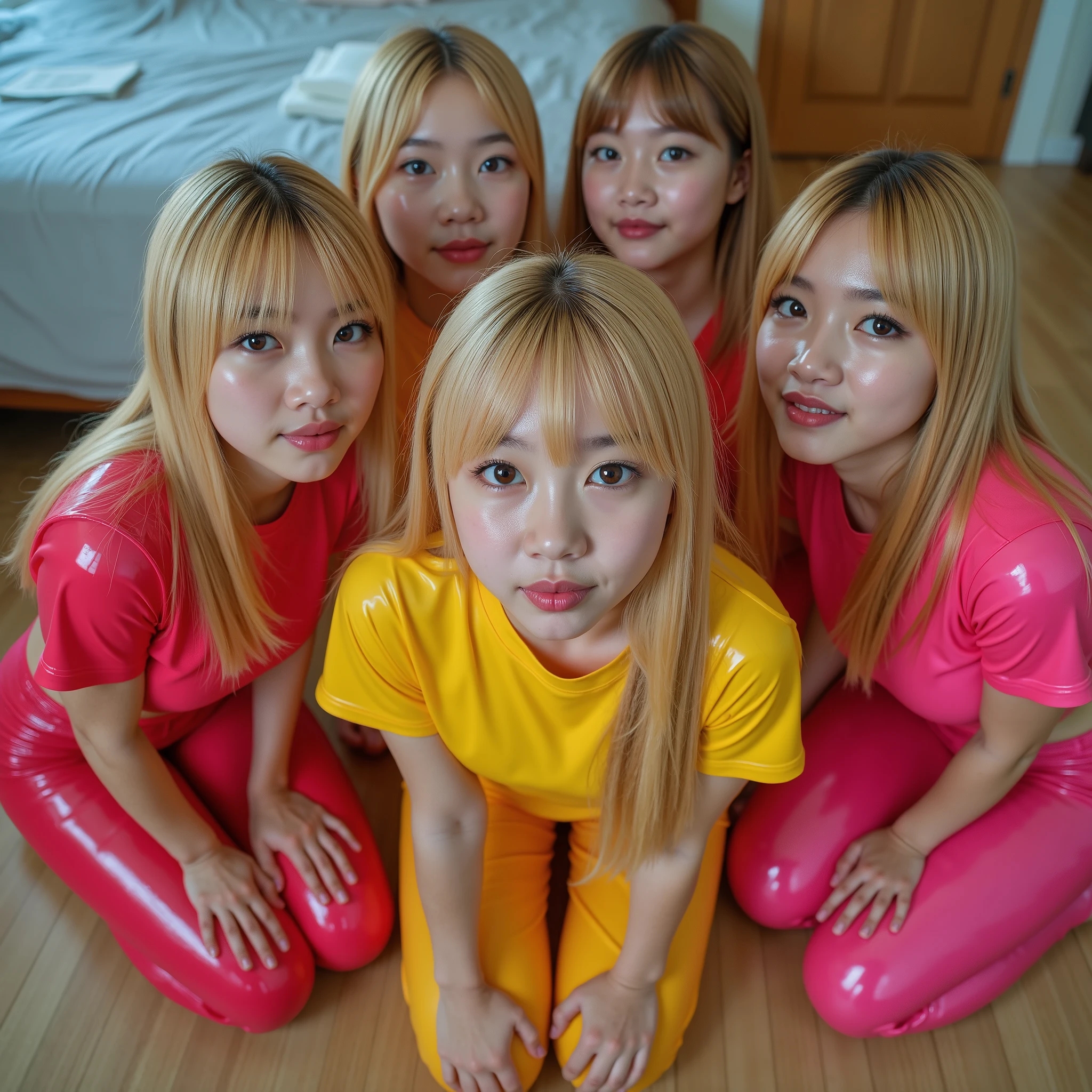 Very realistic photo of 6 Chinese very very young girls, *******r,  super cute young 's face ,  long blonde hair . In skin-tight shiny latex latex T-shirts and shiny latex leggings in various neon colors. Knees in a bedroom, viewed from above, braces,  Open mouth, wet face,  full lips. Focus auf die braces und sehen den Betrachter an.