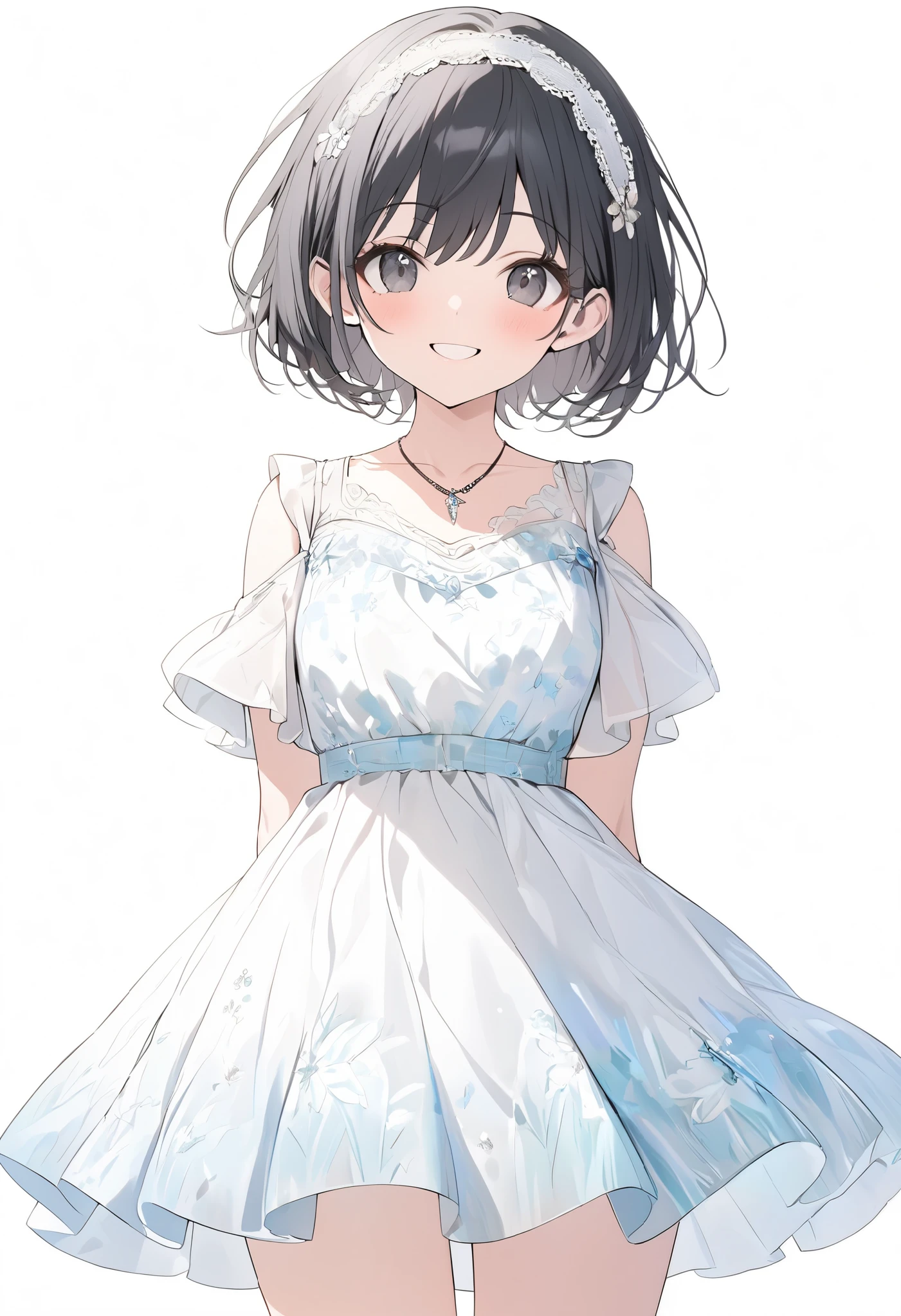 {{masterpiece、 Attention to Details , perfect eyes}}、((White background,from front,  cowboy shot))、18 years old、 One Girl 、 black hair、pixie cut、big black eyes、(Light blue and white short sleeve chiffon dress、 floral dress 、 lace headband 、pendant)happy, smile、arms behind back