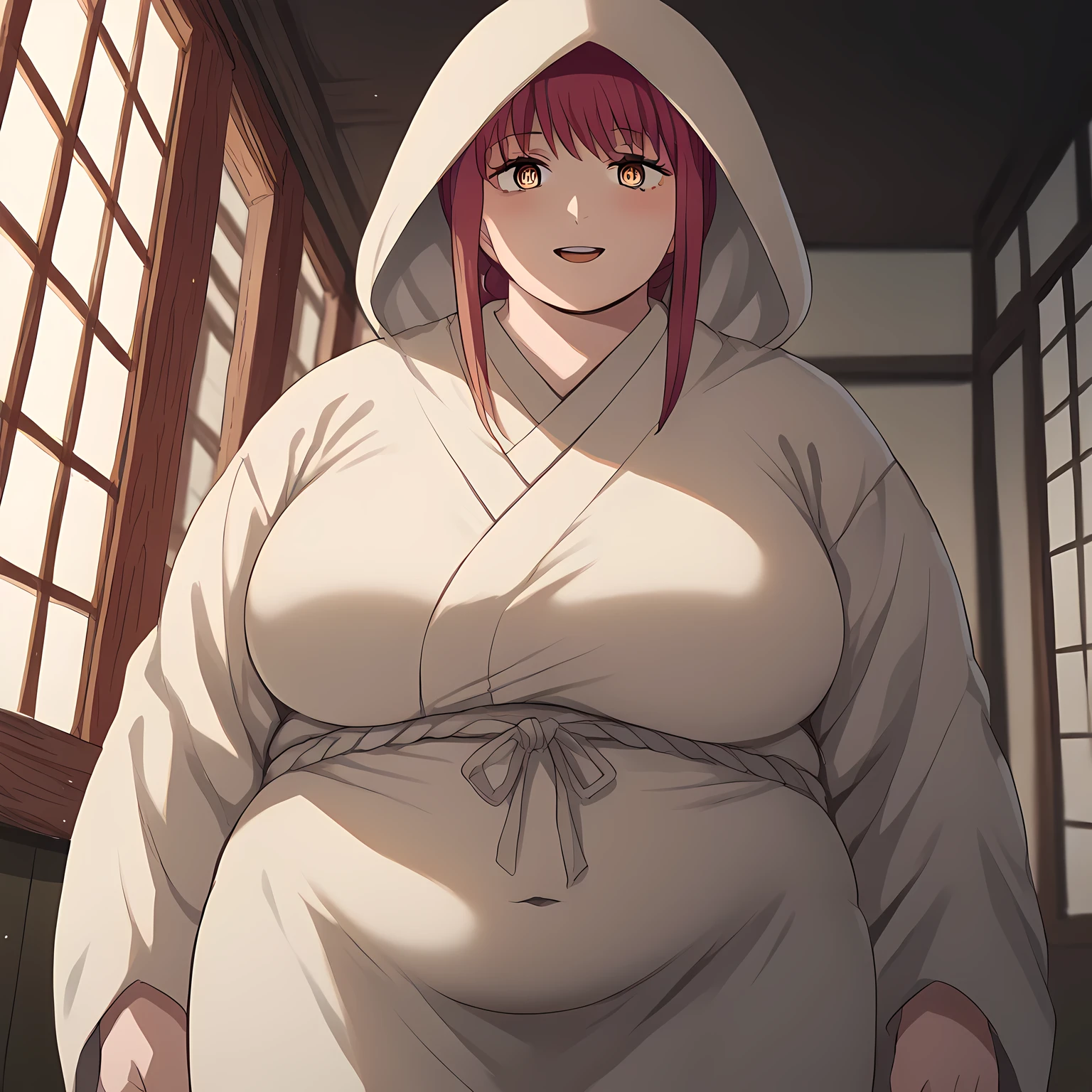 score_9, score_8_up, score_7_up, source_anime, makima, makima, long hair, smile, bangs, yellow eyes, braid, red hair, braided ponytail, ringed eyes,, uchikake, wataboushi, shiromuku, white kimono, hooded kimono, bride, japanese clothes, hood,, indoors, wedding, smile, blush,, cowboy shot, dutch angle, looking at viewer, fat, chubby, obese, gigantic arms and legs, large breasts open mouth, out of breath