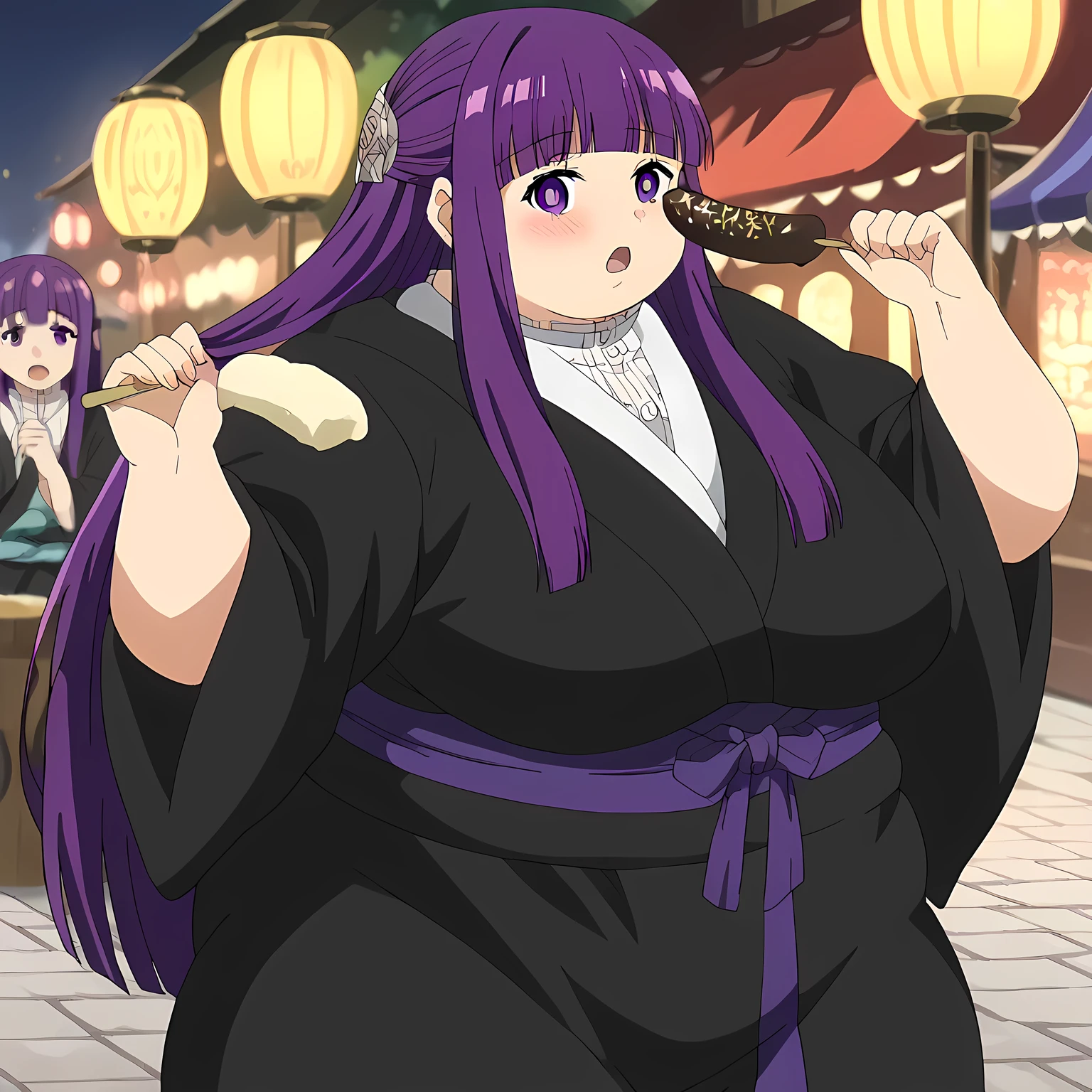 score_9, score_8_up, score_7_up, source_anime, fern, long hair, bangs, purple eyes, purple hair, sidelocks, blunt bangs, bright pupils, half updo, large breasts, anime screencap, chocolate banana, open mouth, holding, holding food, blush,, japanese clothes, kimono, new year, obi, obiage, obijime, sash, wide sleeves, floral print, tucking hair, adjusting hair, hand on own hair, hair behind ear, hands up, sexually suggestive, looking at viewer,, cowboy shot, solo, cobblestone, festival, lantern, market stall, paper lantern, fat, chubby, obese, gigantic arms and legs, large breasts open mouth, out of breath