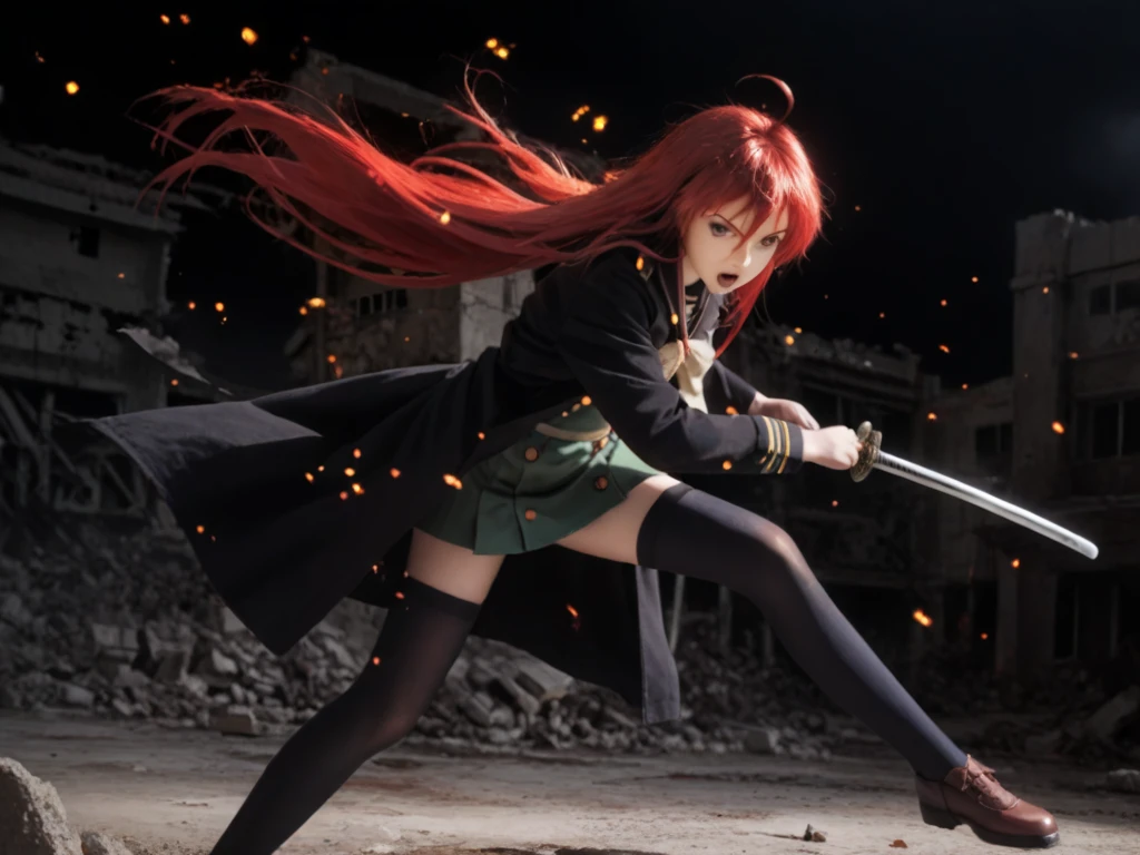 1 girl, cowboy shot, rubble ruins,a little anger, (battle preparation:1.2), open your mouth, (night:1.2), explosive inflammation,shana, red eyes, redhead, very long hair, hair between eyes, (Ahoge:1.1), explosive flame,abandoned building,rubble serafuku, green skirt, Thighhighs,long Japanese sword wrapped in flames..,highest quality, masterpiece, High resolution, black long coat,
shana, red eyes, red hair, very long hair,  score_9, score_8_up, score_7_up, source_anime, Swing a japannse sword with both hands ,(photo realistic:1.4),(realistic skin:1.4),photo realistic,Holding a Japanese sword with both hands,Battoujutsu,Put your hand on the pattern of a
 Japanese sword,A giant Japanese sword with a black handle,Sparks dance in the dark,Burning Sky , a long Japanese sword with black handle,(holding (katana sword:1.2)), (blade shimmering), Late Night,Japanese sword without scabbard,Point the blade upwards,Turn the tip of the cut to your back