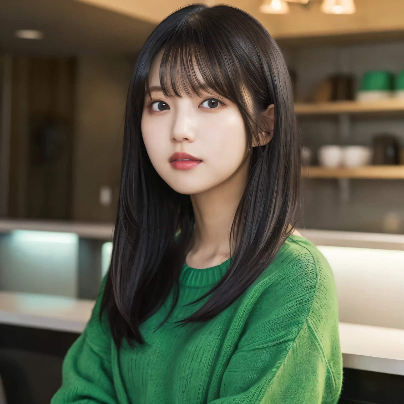 Inside the bright cafe, Picture above the shoulder , Green Sweater, Cheek resting on hand,  girl, busty,  black hair,  straight hair,  with bangs, 's greatest masterpiece,  professional lighting, Lighting from the front, reflex version