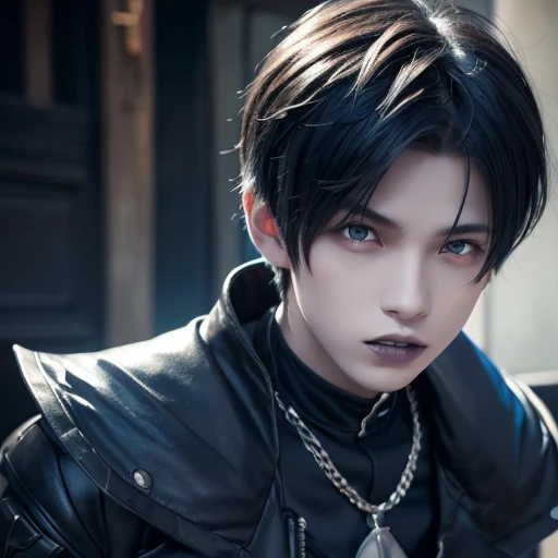 anime hellraiser cenobite male ,view up from floor , sharp teeth , one eye patch , short brown hair