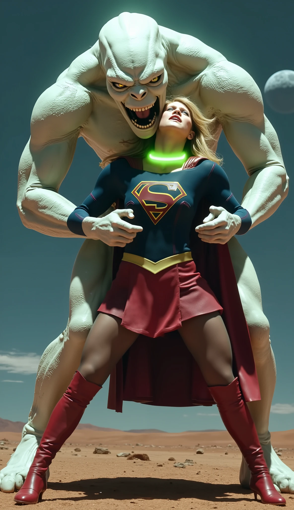 Supergirl is fighting with a big alien monster, very bright white skin, can see whole body, She is wearing a thin black pantyhose, short red leather fabric skirt, red knee height long boots, blonde hair, lighting green collar on her neck, She is screaming in pain, seriously injured, painful, a huge body fierce Alien Monster hold and carry Supergirl body, the Alien Monster seize her body tightly and bite her neck, photorealistic, hyper realistic, night time on the Mar with moon lighting,